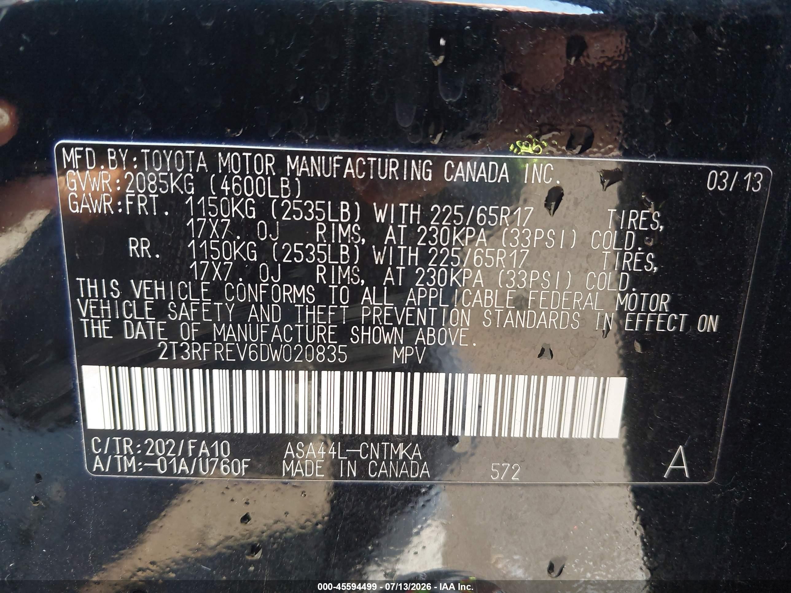 2013 Toyota Rav4 Xle Black vin: 2T3RFREV6DW020835