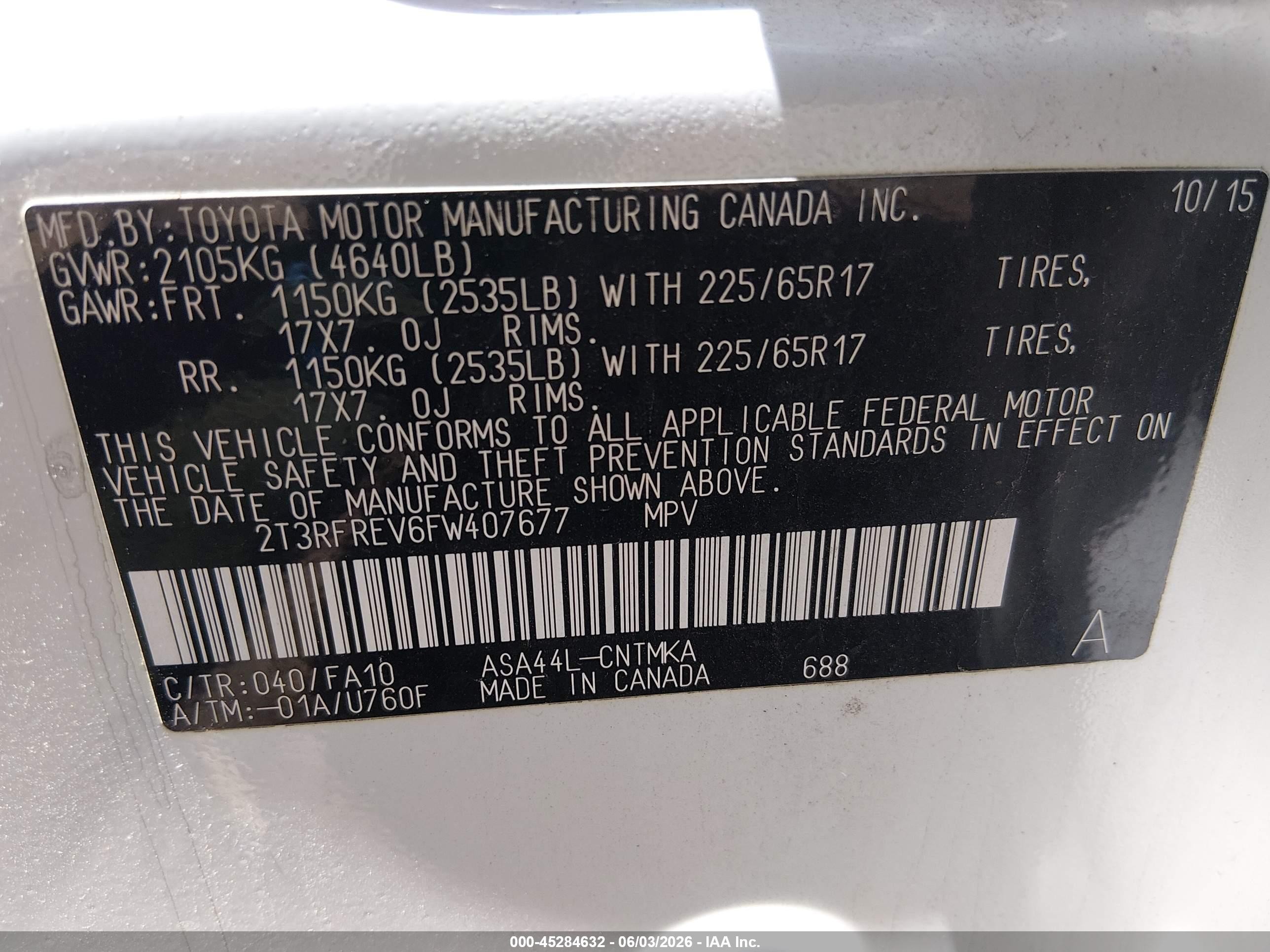 2015 Toyota Rav4 Xle White vin: 2T3RFREV6FW407677