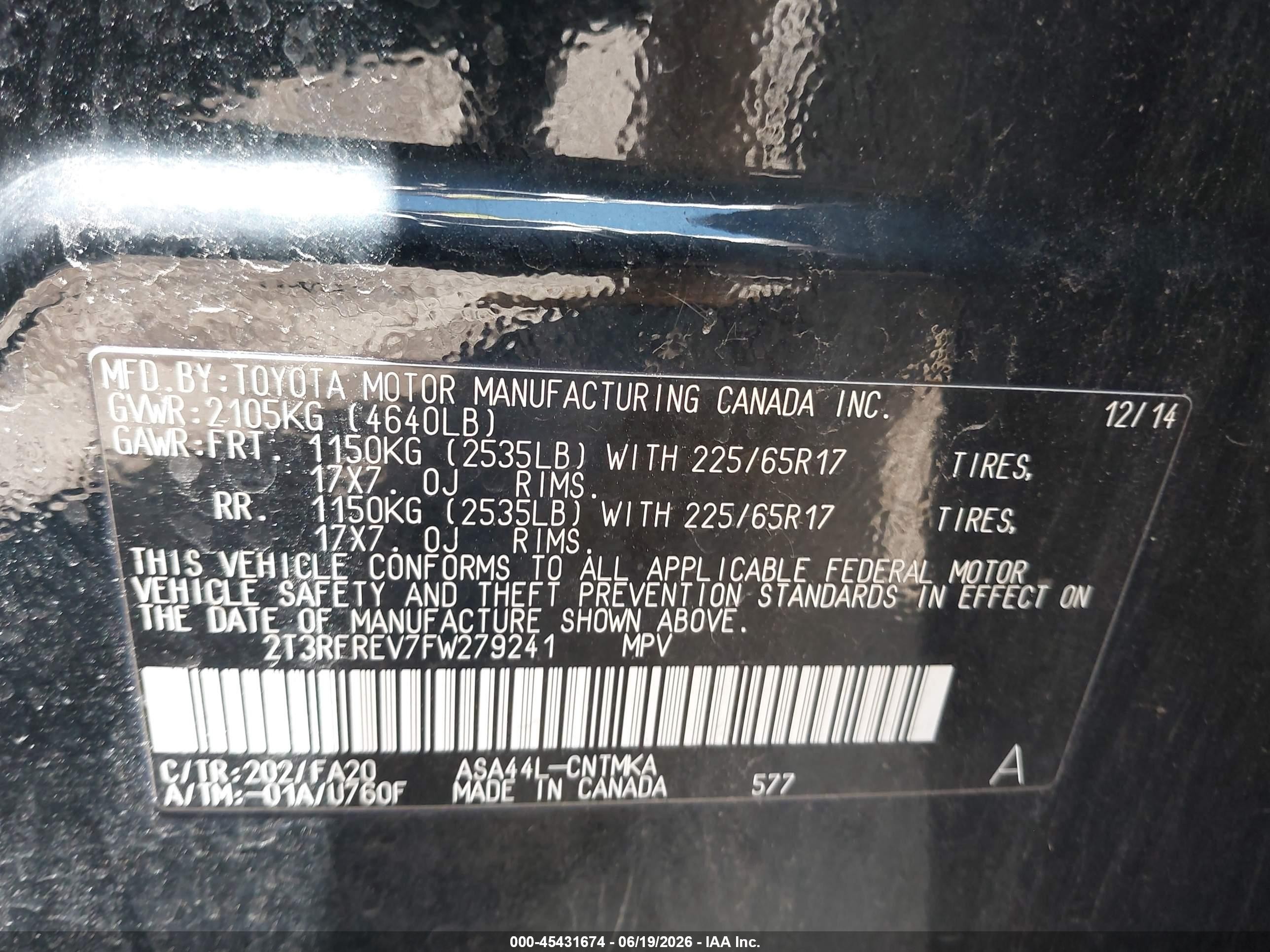 2015 Toyota Rav4 Xle Black vin: 2T3RFREV7FW279241