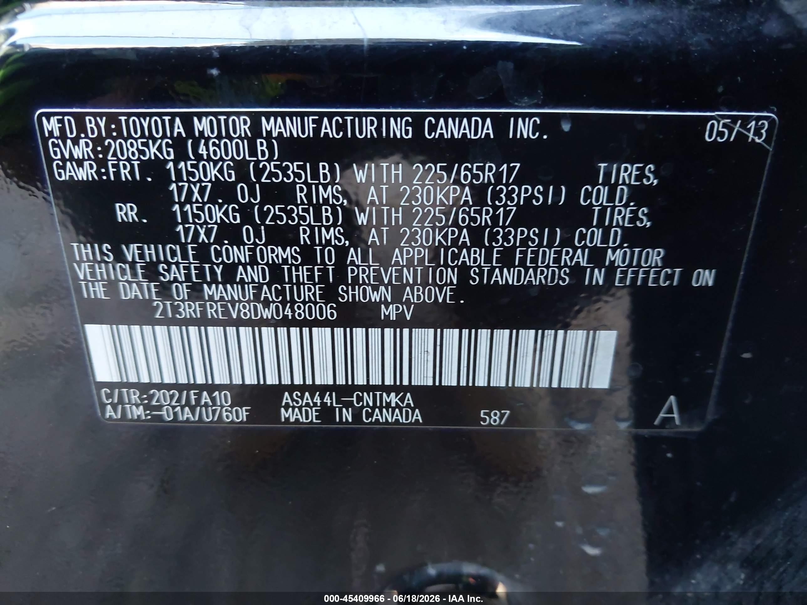 2013 Toyota Rav4 Xle Black vin: 2T3RFREV8DW048006