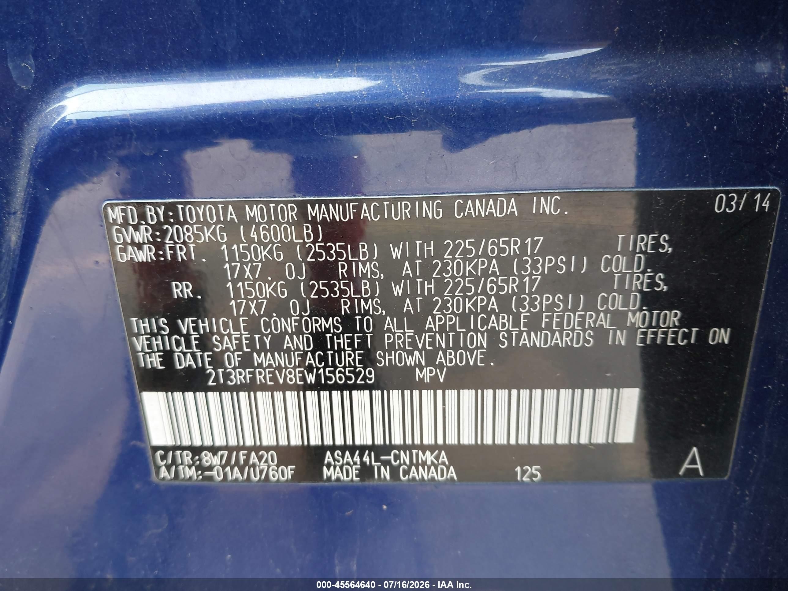 2014 Toyota Rav4 Xle Blue vin: 2T3RFREV8EW156529
