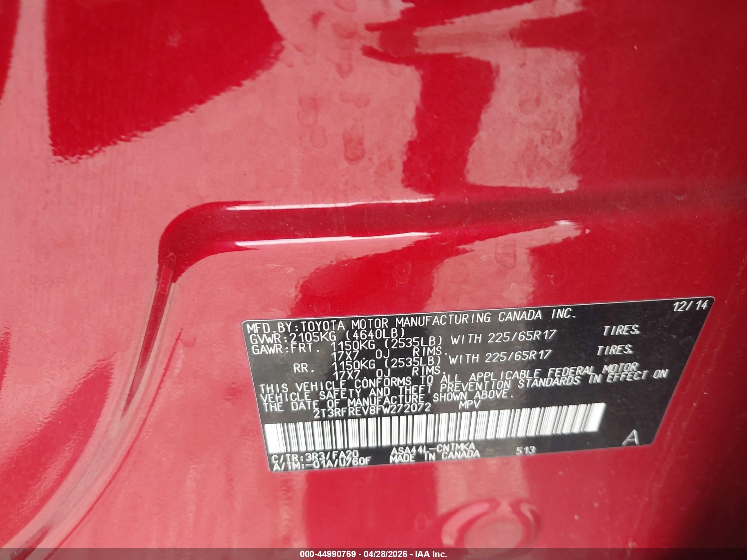2015 Toyota Rav4 Xle Red vin: 2T3RFREV8FW272072