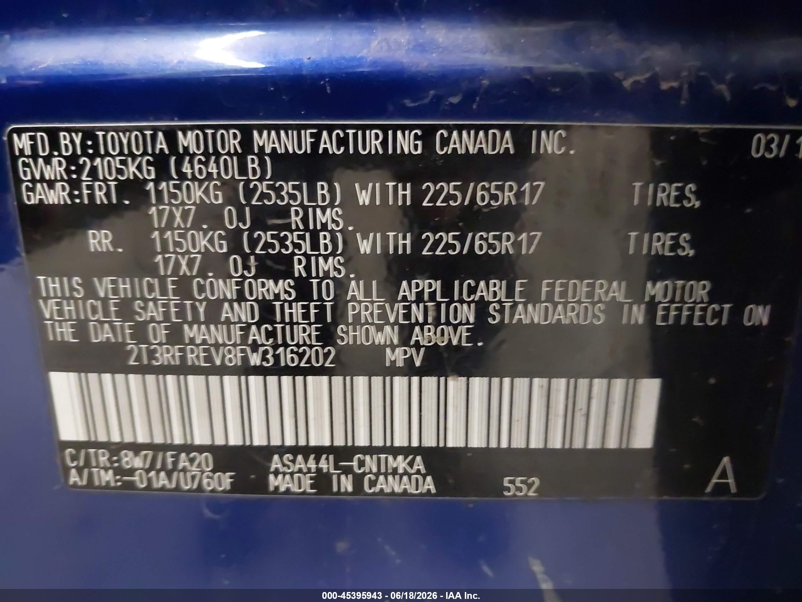 2015 Toyota Rav4 Xle Blue vin: 2T3RFREV8FW316202
