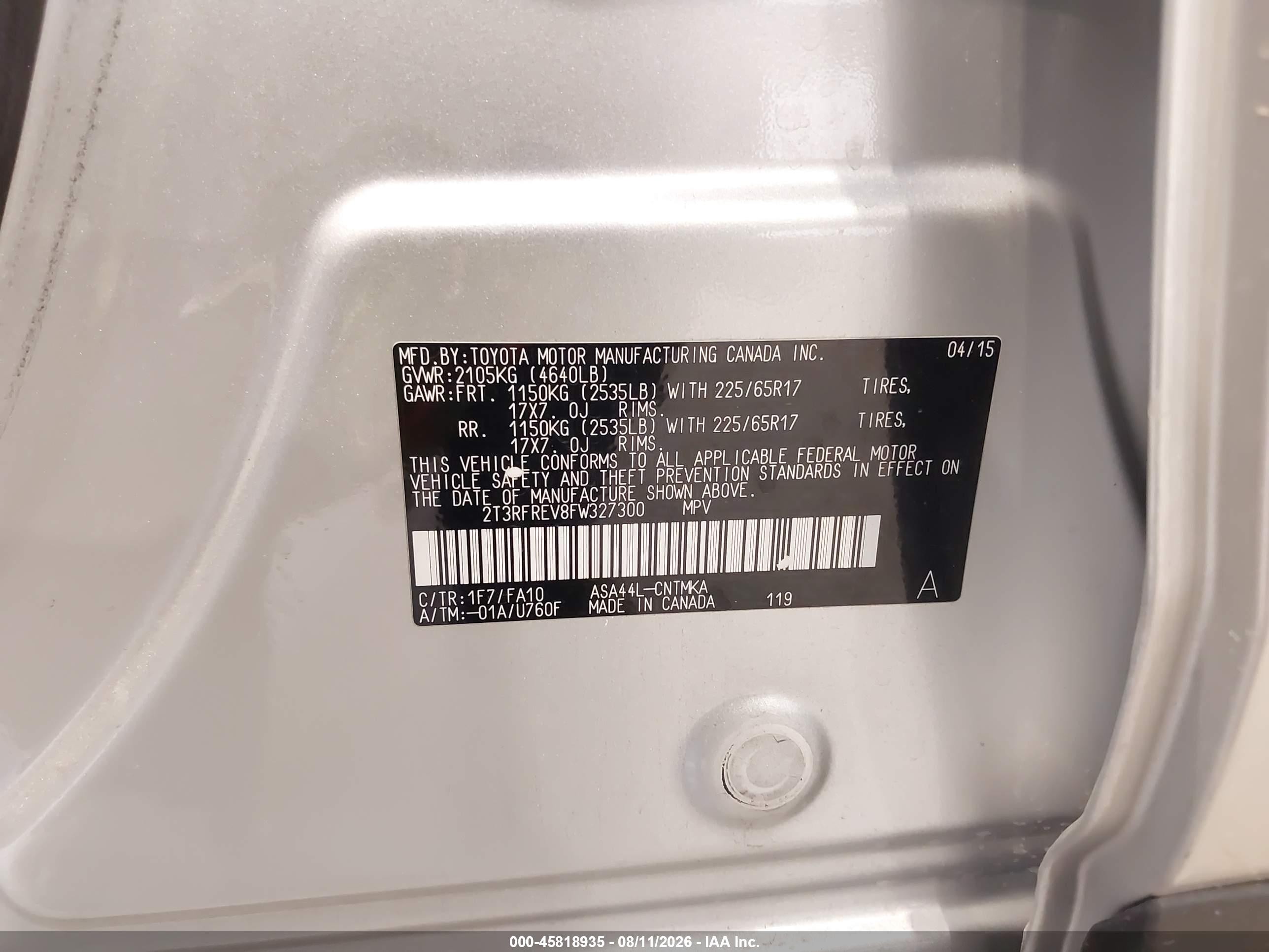2015 Toyota Rav4 Xle Silver vin: 2T3RFREV8FW327300