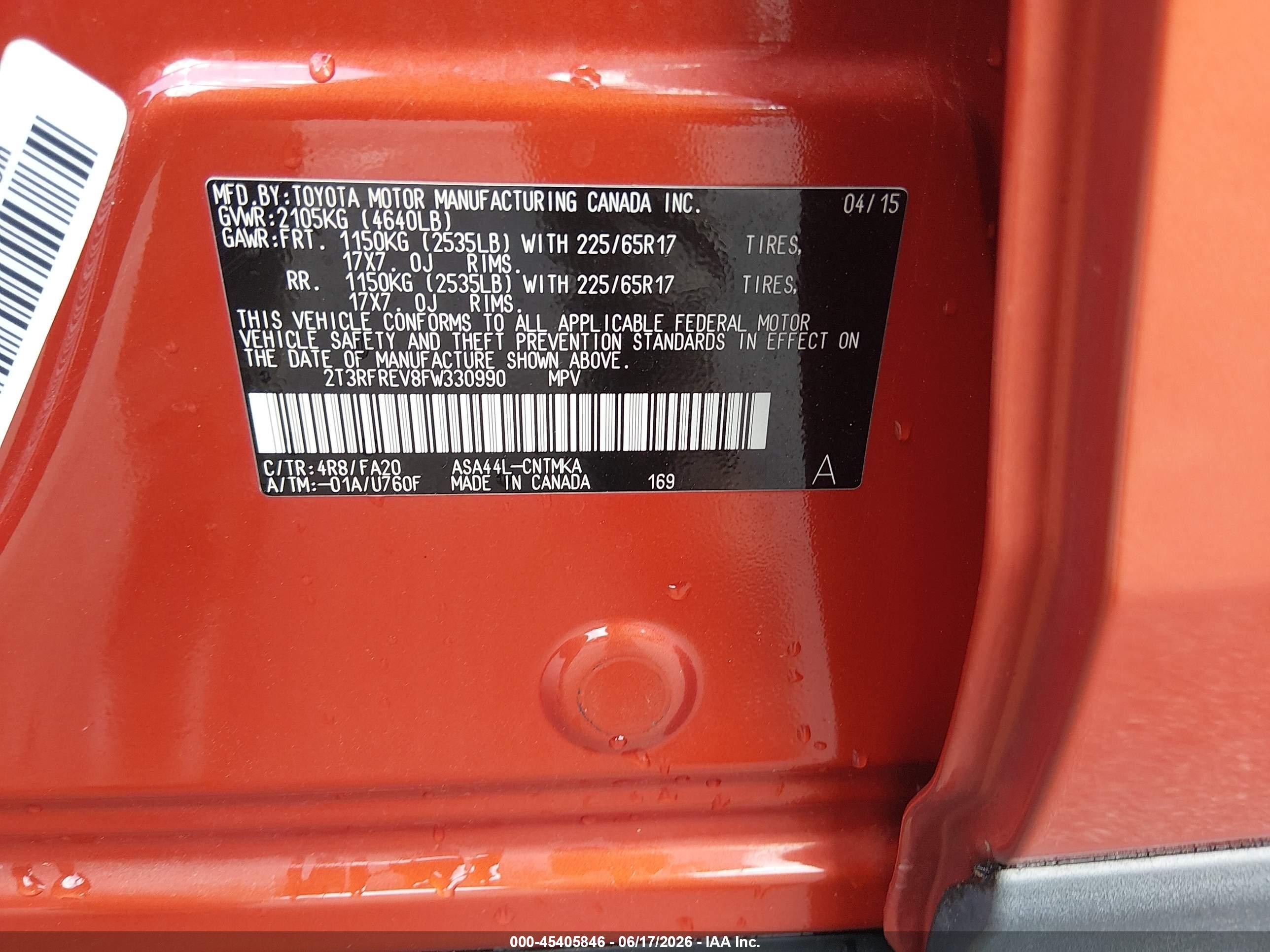 2015 Toyota Rav4 Xle Orange vin: 2T3RFREV8FW330990