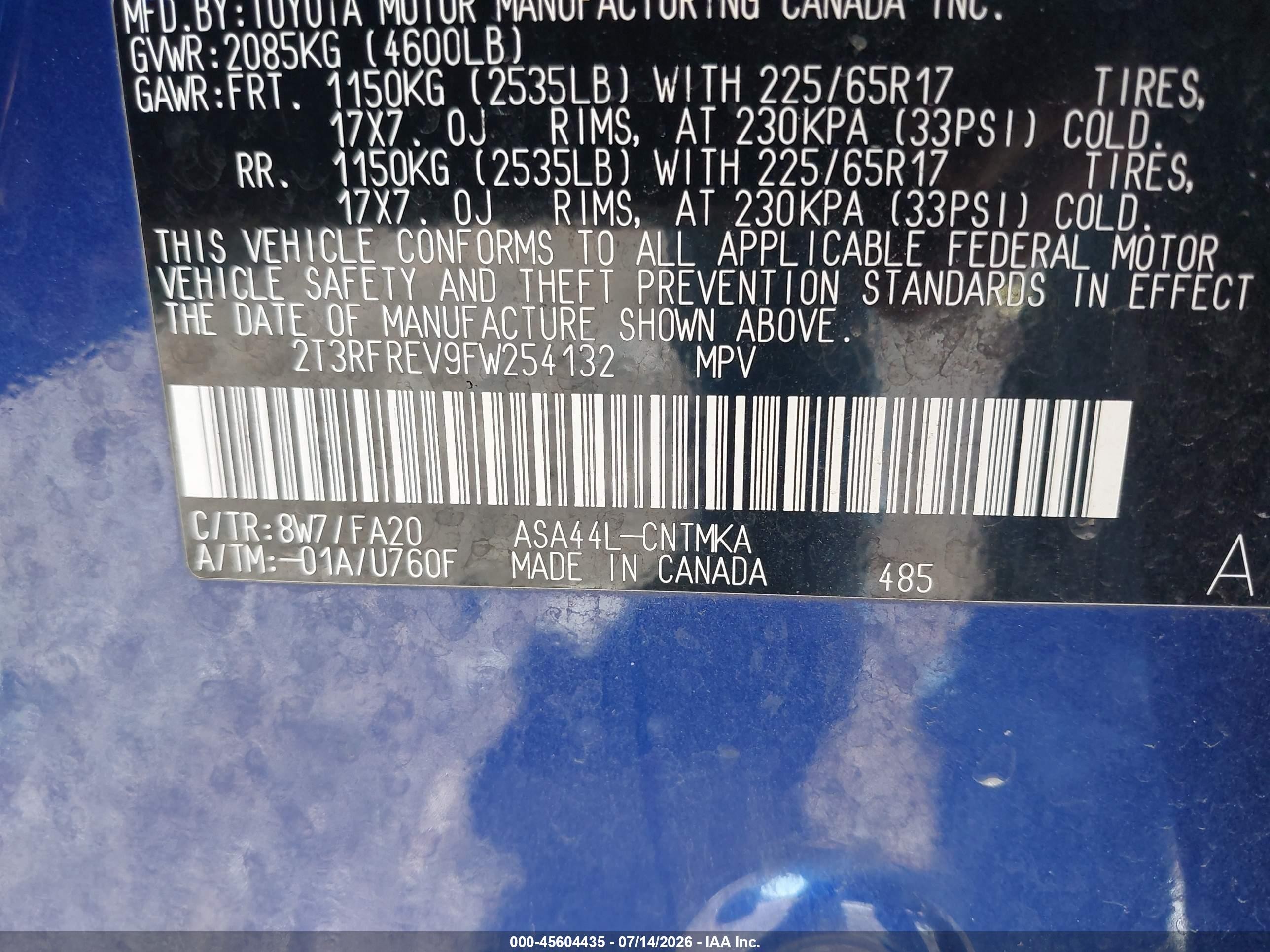 2015 Toyota Rav4 Xle Blue vin: 2T3RFREV9FW254132