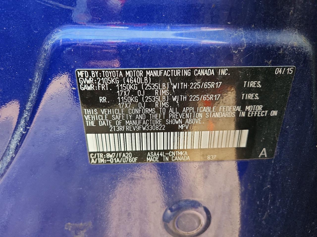 2015 Toyota Rav4 Xle Blue vin: 2T3RFREV9FW330822