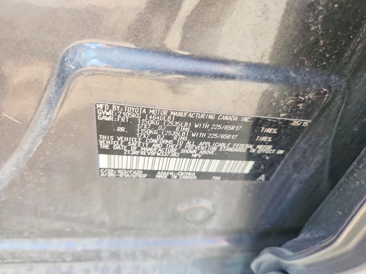 2015 Toyota Rav4 Xle Угольный vin: 2T3RFREV9FW337382