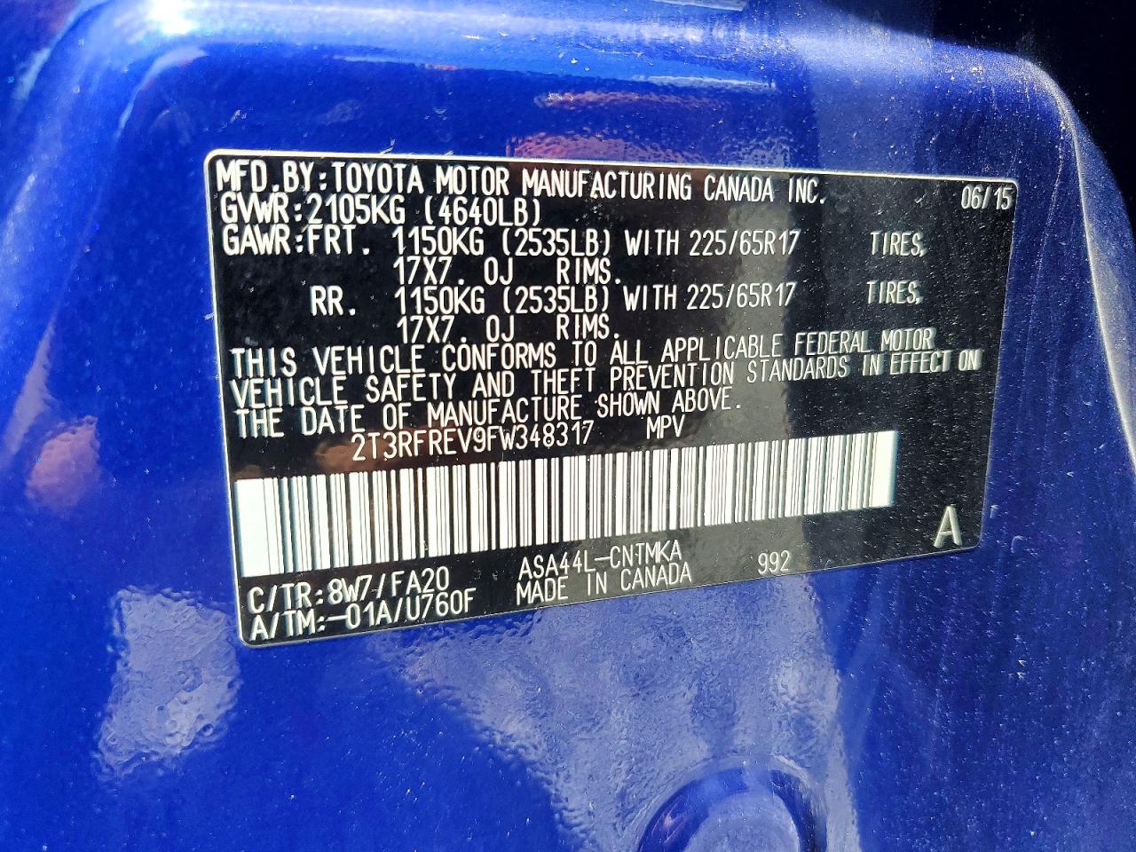 2015 Toyota Rav4 Xle Blue vin: 2T3RFREV9FW348317