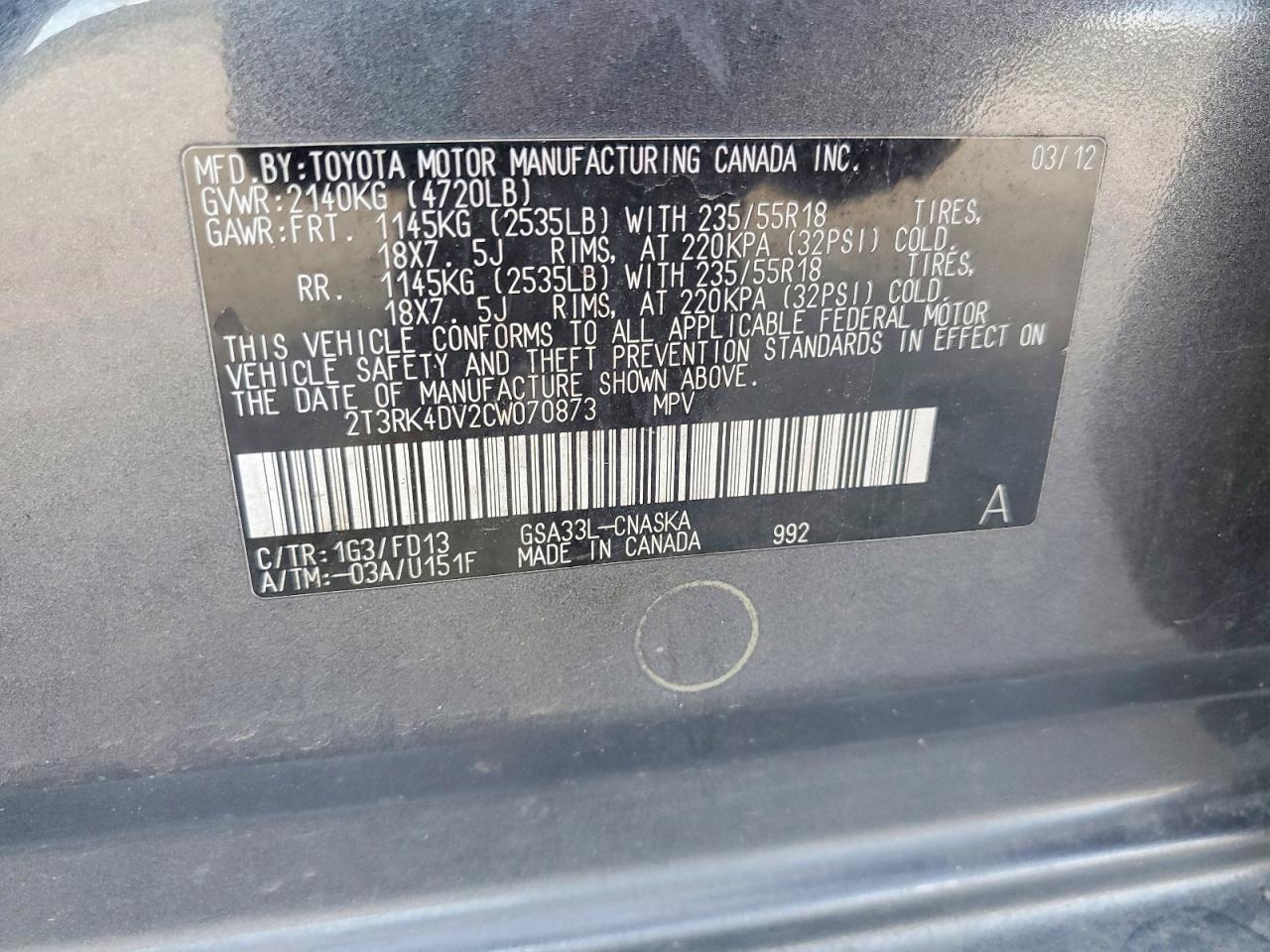 2012 Toyota Rav4 Gray vin: 2T3RK4DV2CW070873