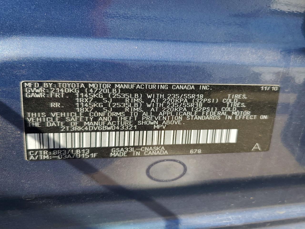 2011 Toyota Rav4 Sport Blue vin: 2T3RK4DV6BW043321