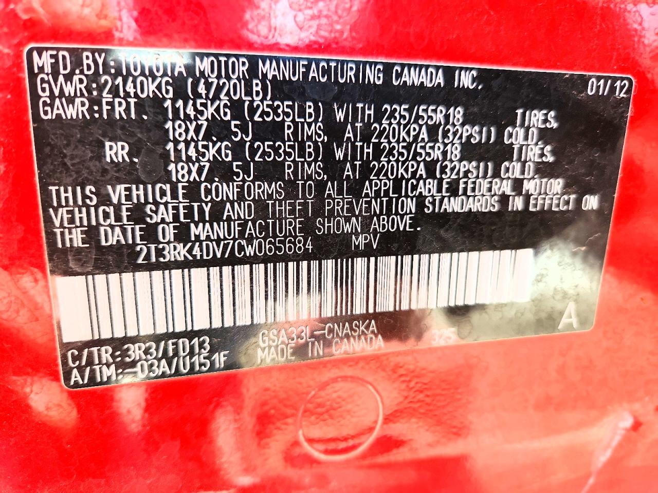 2012 Toyota Rav4 Sport Red vin: 2T3RK4DV7CW065684