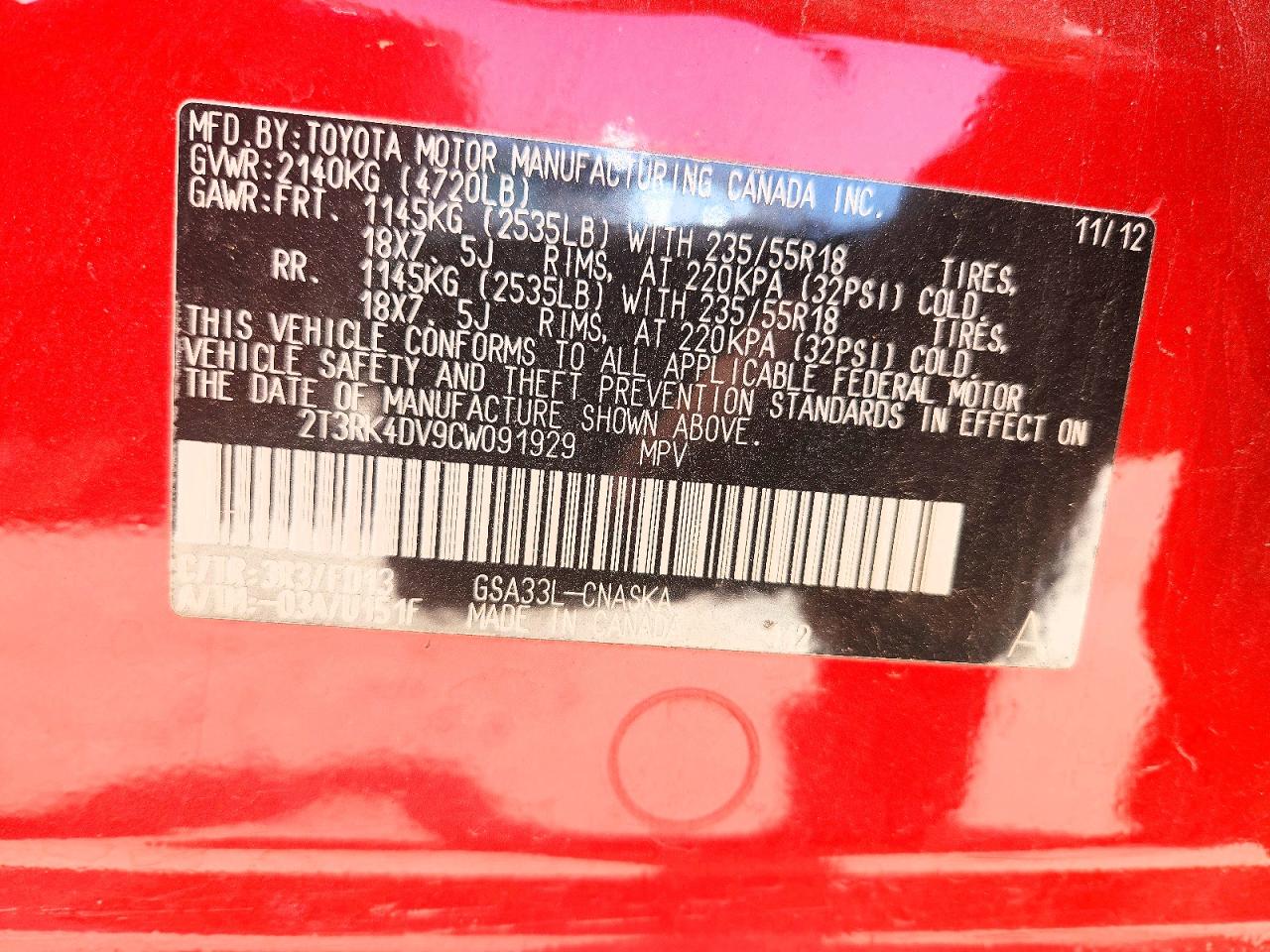 2012 Toyota Rav4 Sport Red vin: 2T3RK4DV9CW091929