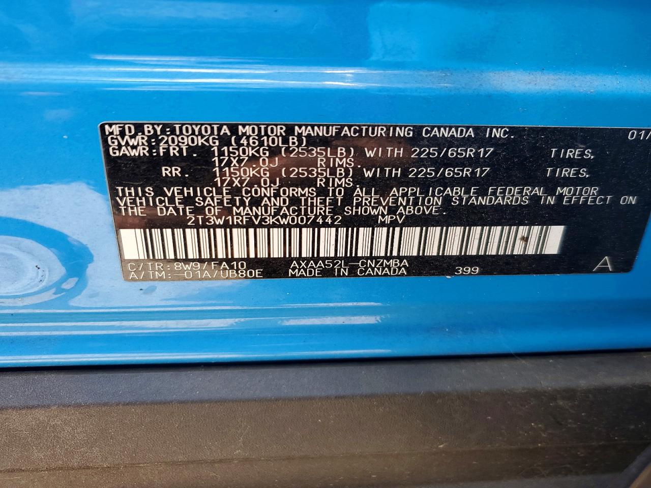 2019 Toyota Rav4 Xle Turquoise vin: 2T3W1RFV3KW007442
