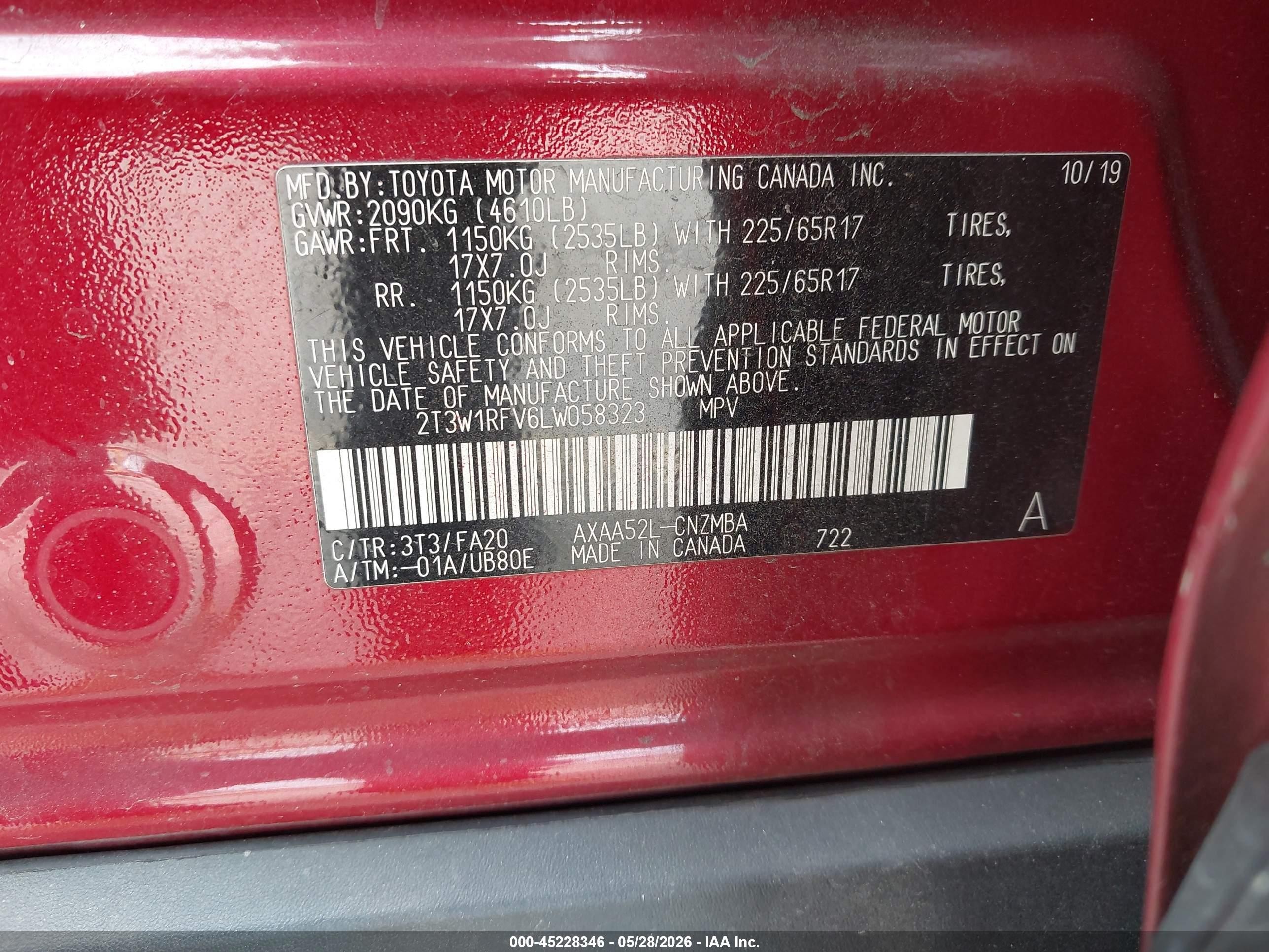 2020 Toyota Rav4 Xle Красный vin: 2T3W1RFV6LW058323