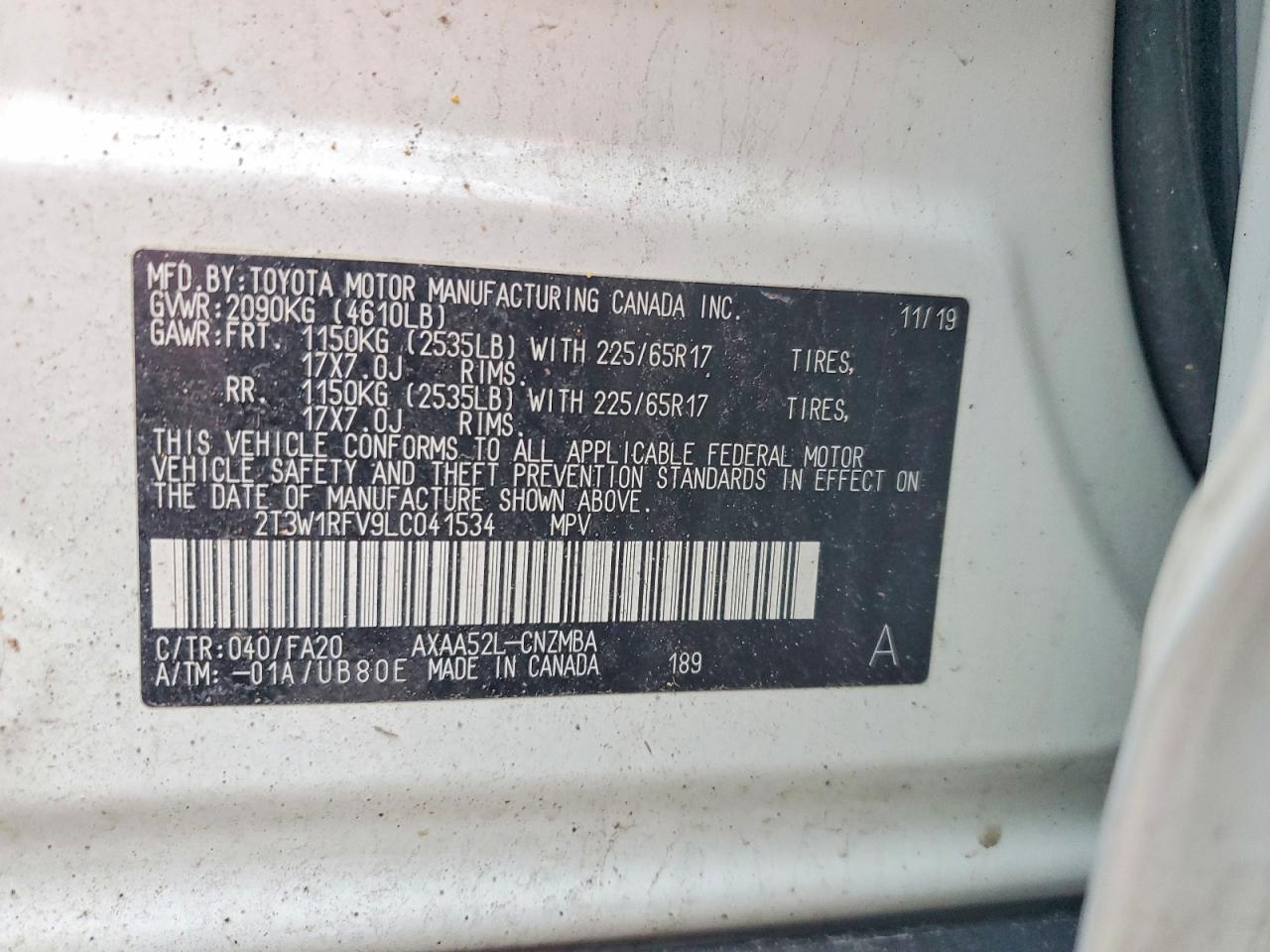 2020 Toyota Rav4 Xle Белый vin: 2T3W1RFV9LC041534