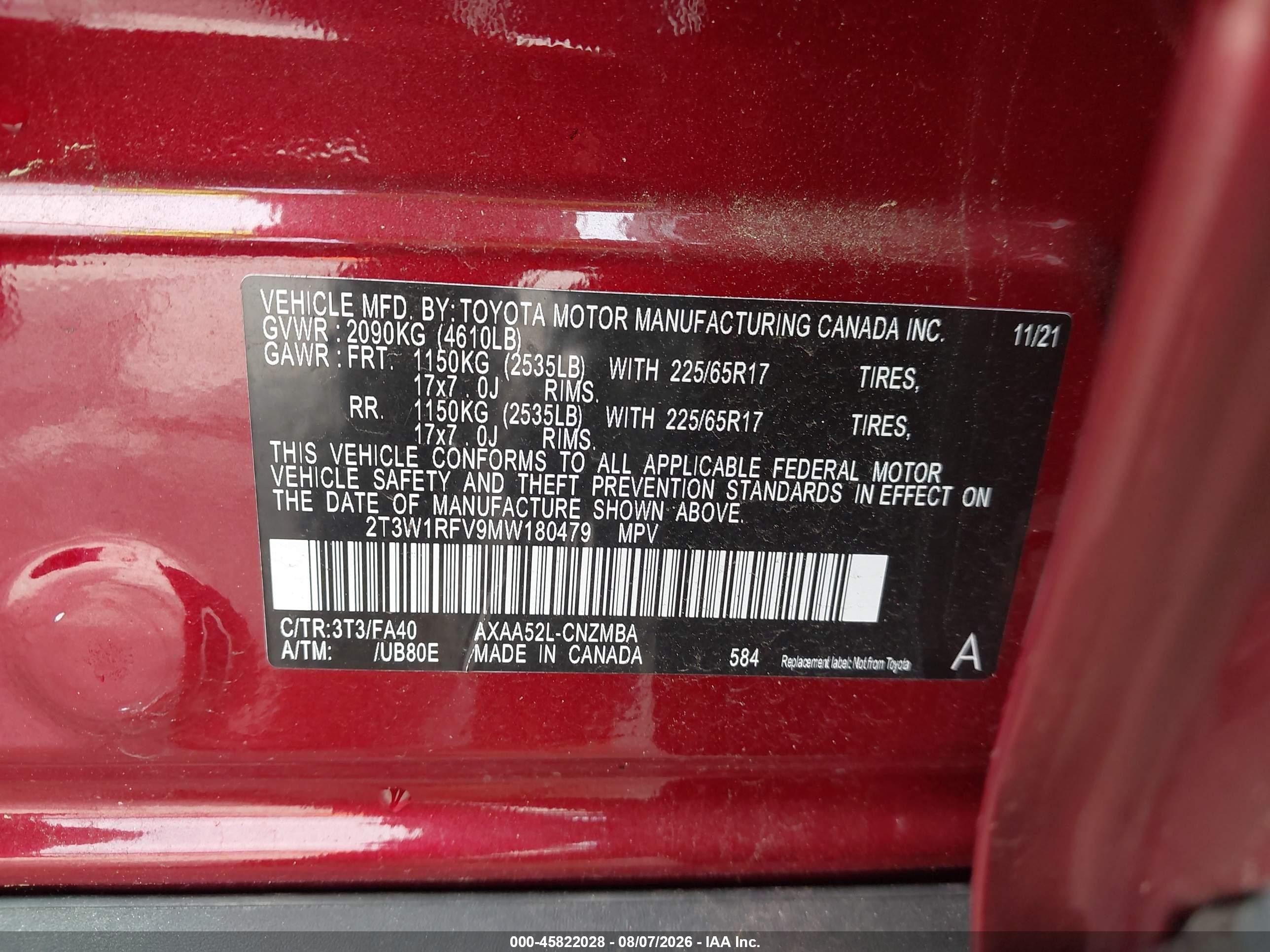 2021 Toyota Rav4 Xle Red vin: 2T3W1RFV9MW180479