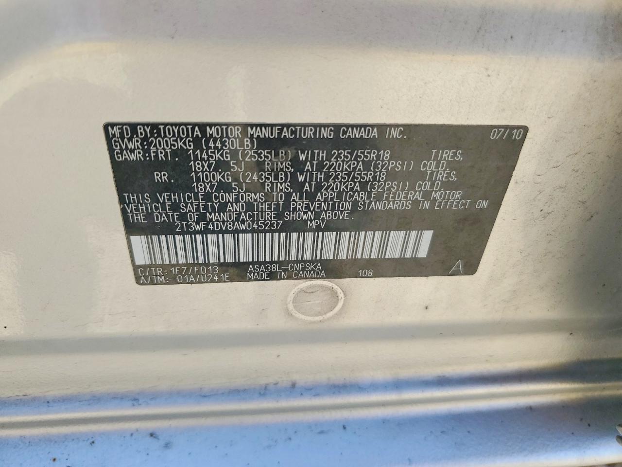 2010 Toyota Rav4 Sport Silver vin: 2T3WF4DV8AW045237