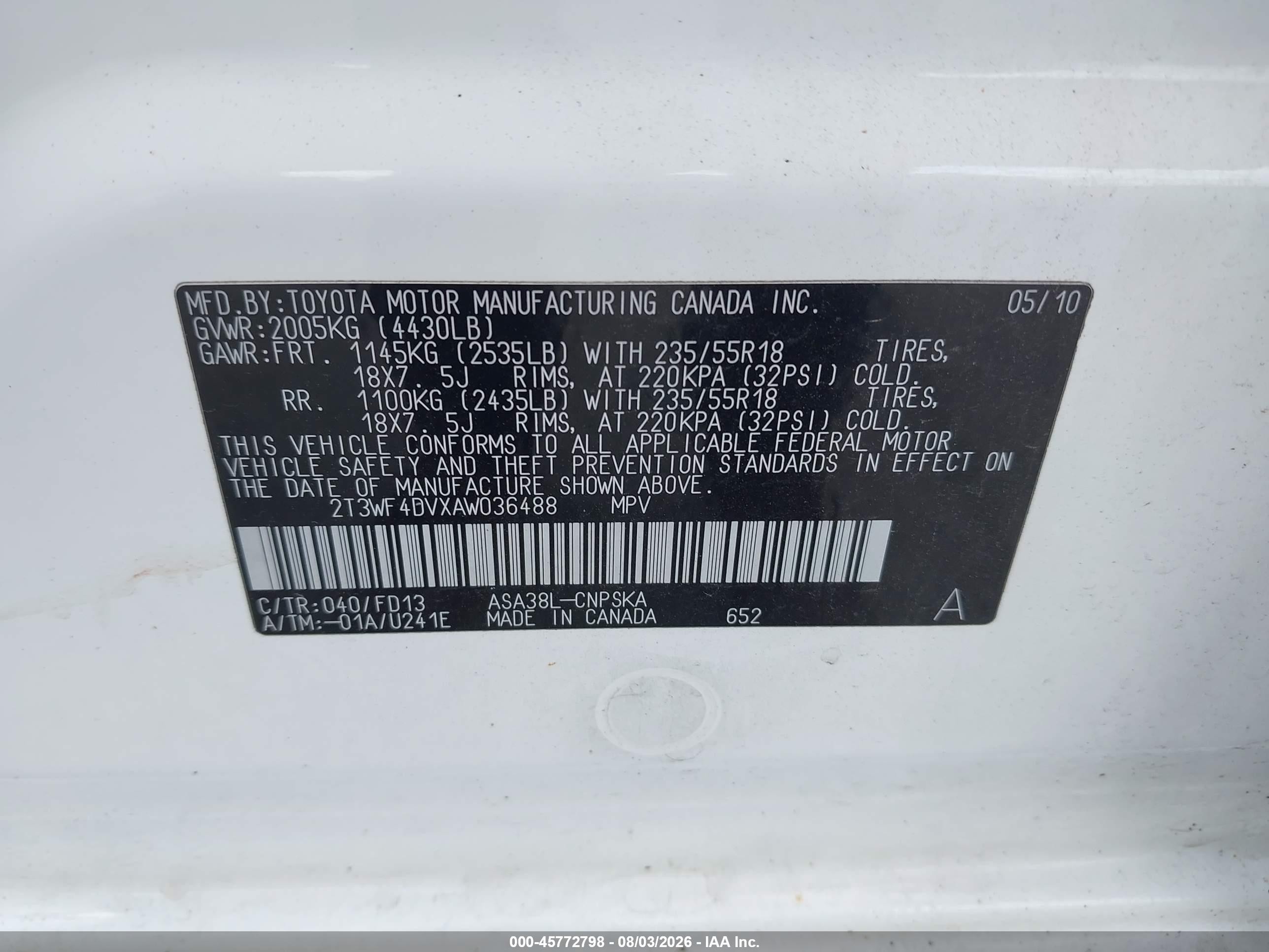 2010 Toyota Rav4 Sport White vin: 2T3WF4DVXAW036488