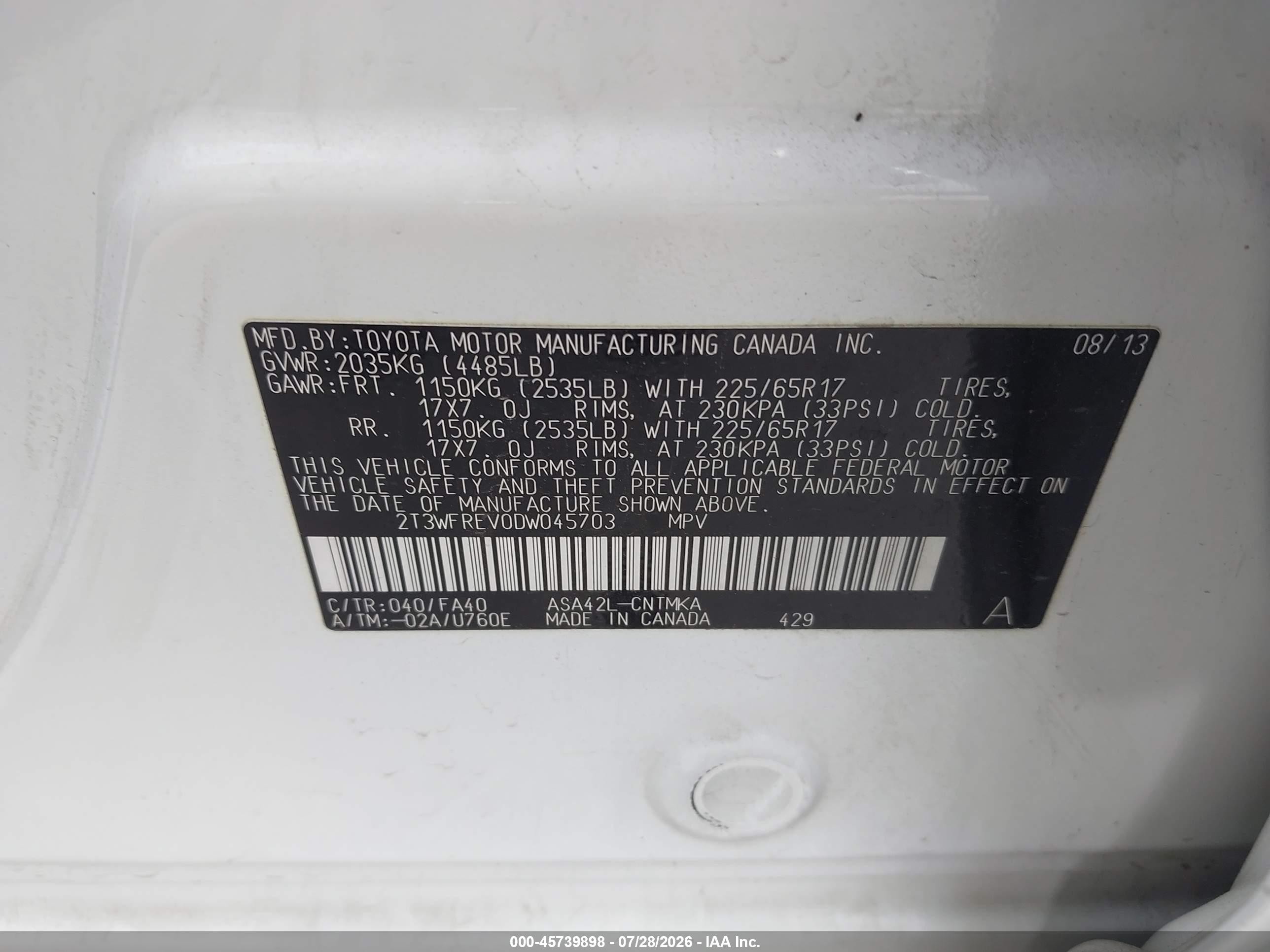 2013 Toyota Rav4 Xle White vin: 2T3WFREV0DW045703