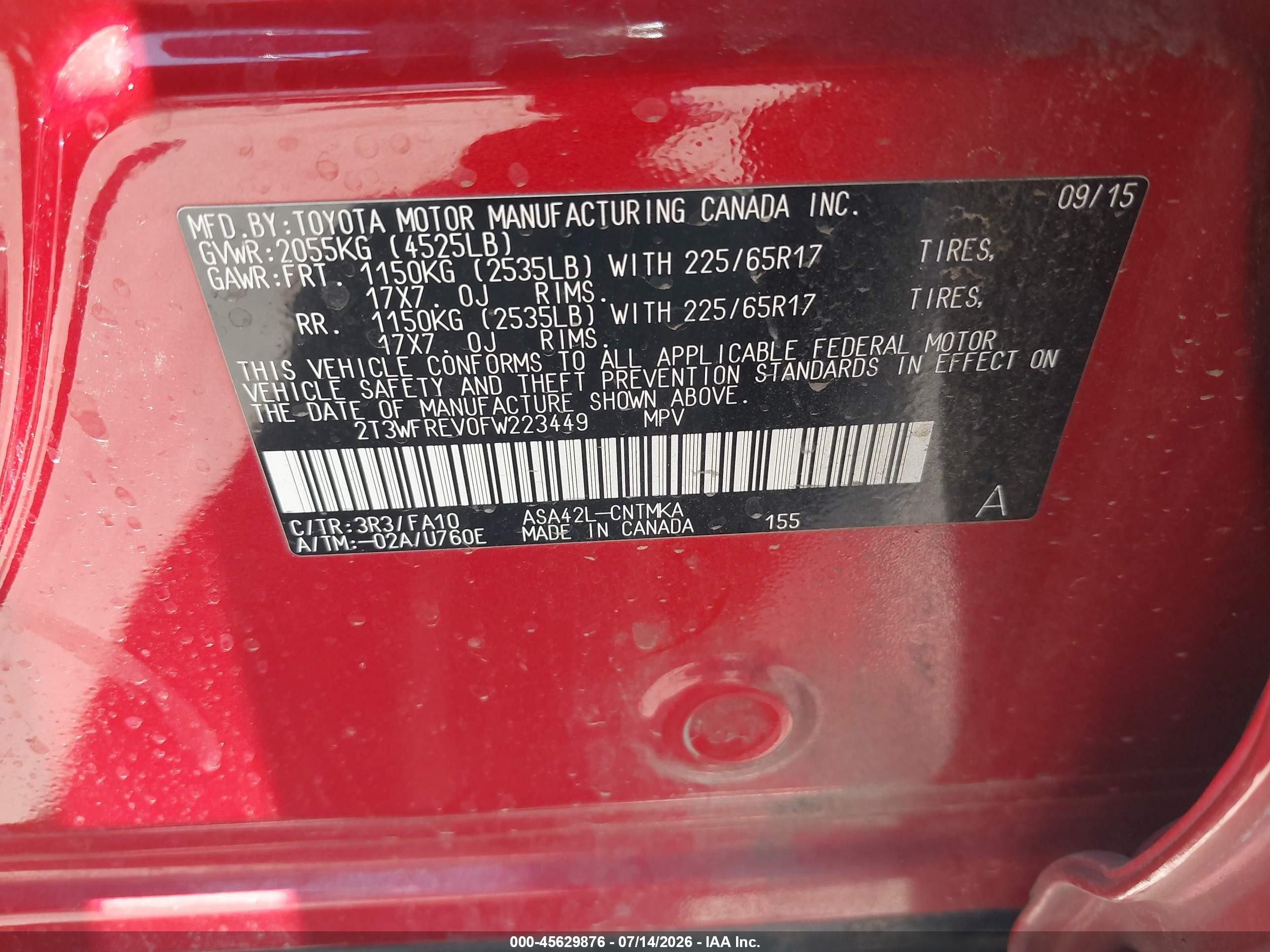 2015 Toyota Rav4 Xle Red vin: 2T3WFREV0FW223449