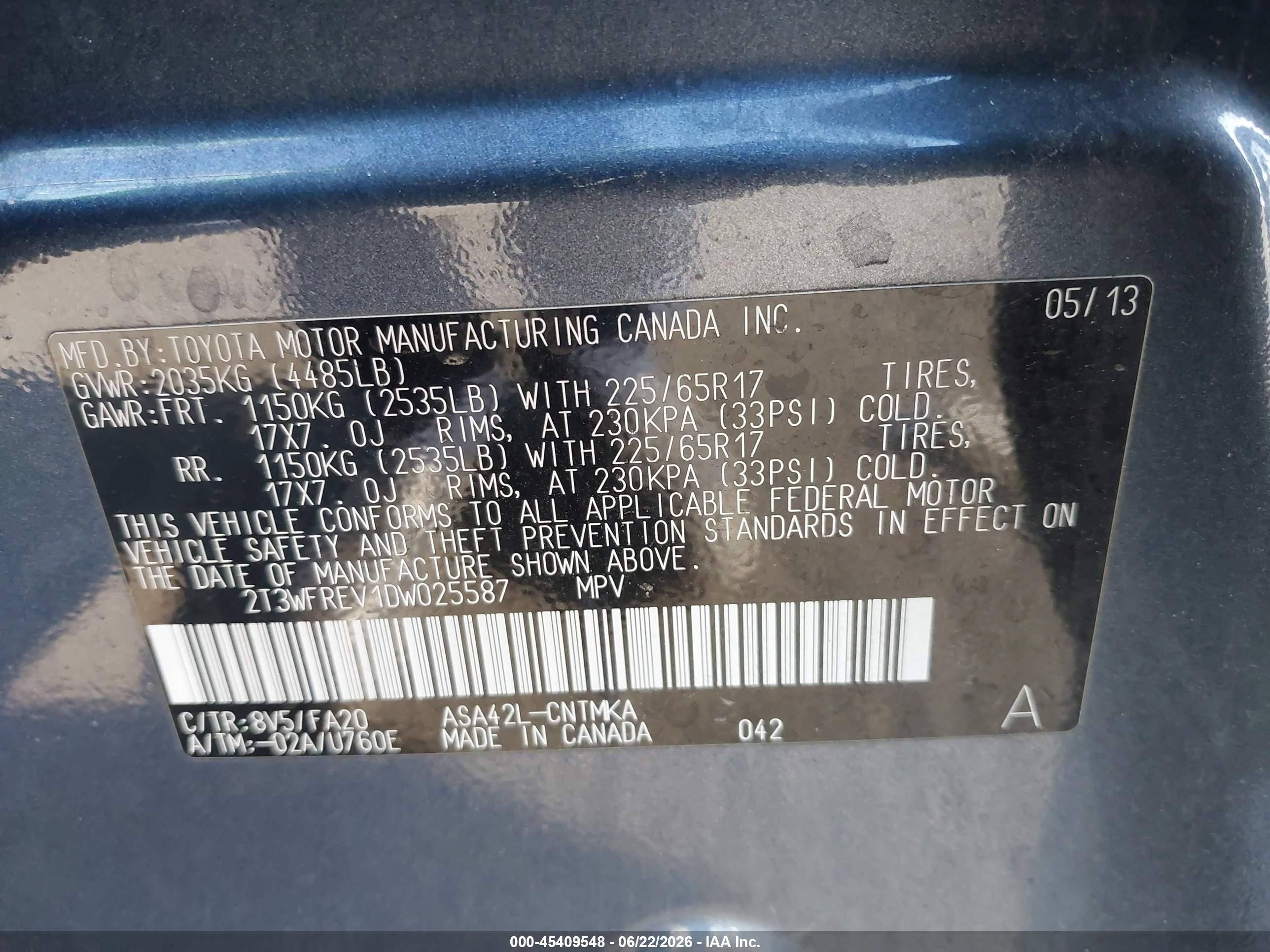 2013 Toyota Rav4 Xle Blue vin: 2T3WFREV1DW025587