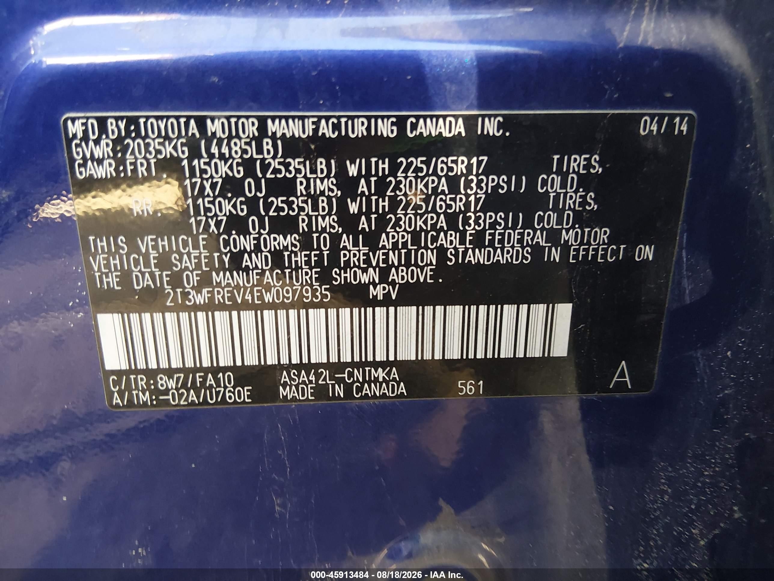 2014 Toyota Rav4 Xle Blue vin: 2T3WFREV4EW097935