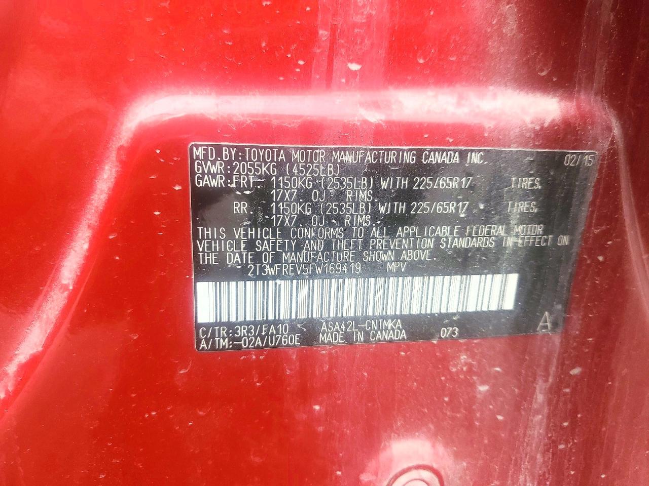 2015 Toyota 4 Wheel Dr Красный vin: 2T3WFREV5FW169419