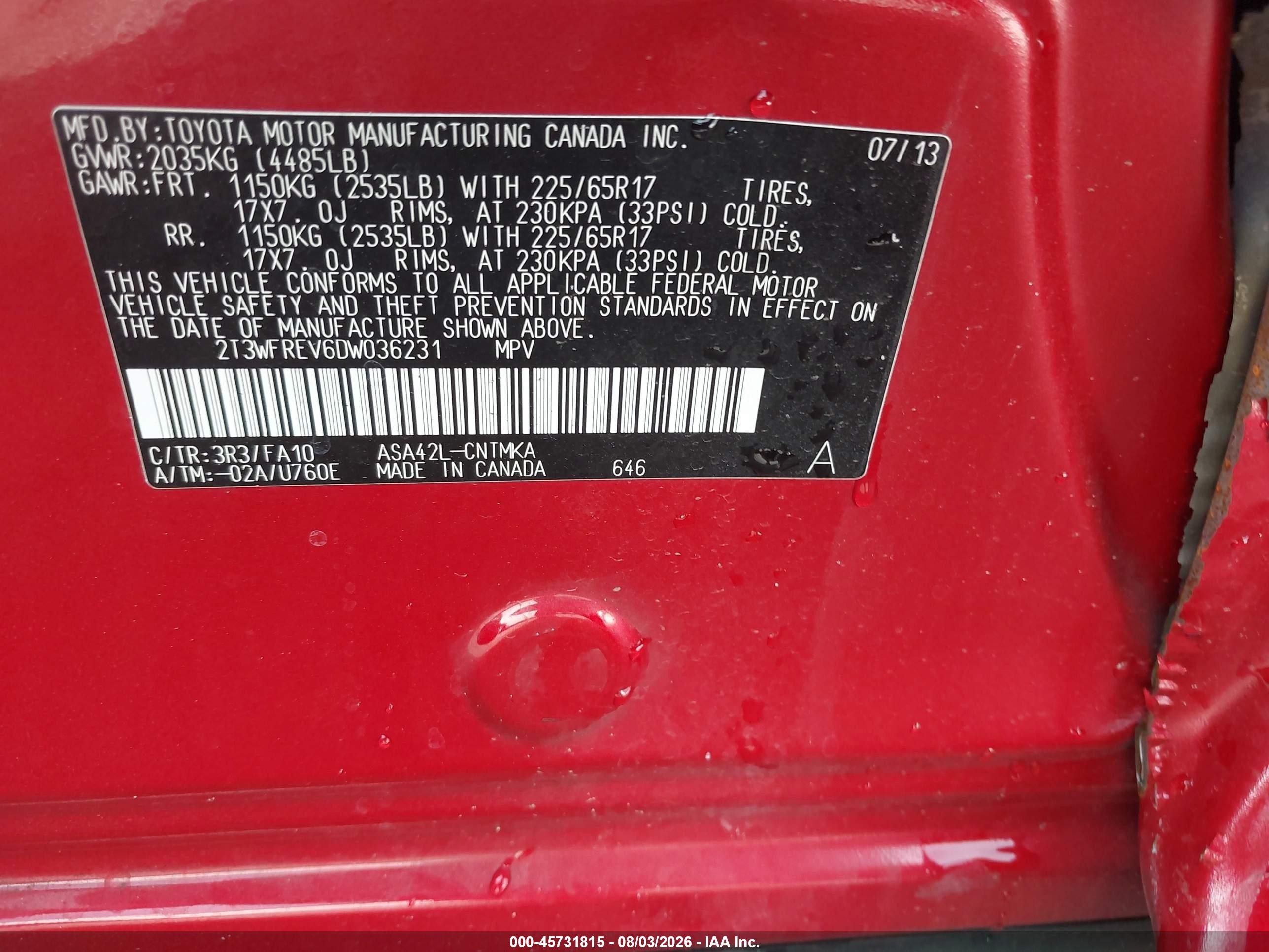 2013 Toyota Rav4 Xle Red vin: 2T3WFREV6DW036231