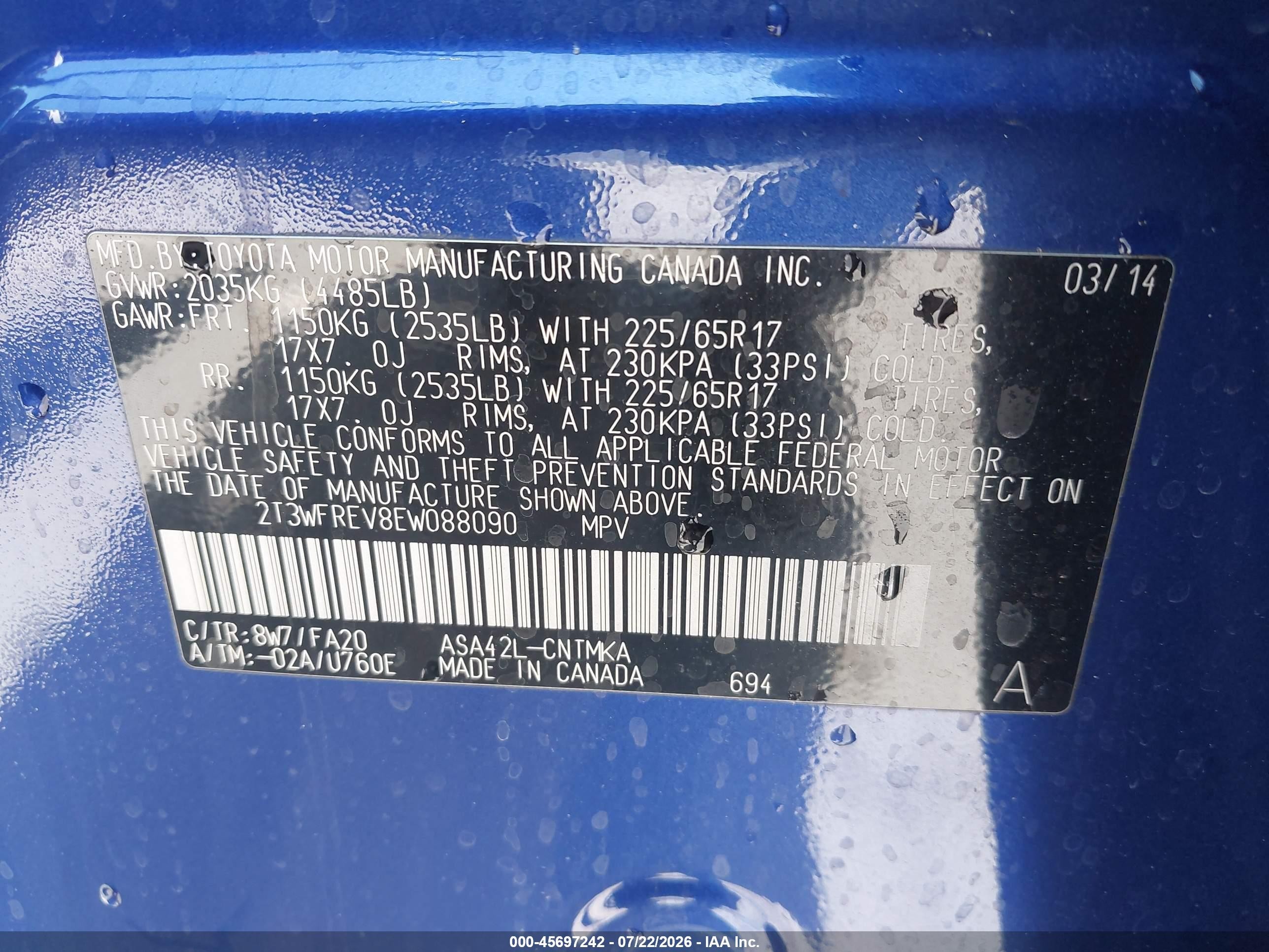 2014 Toyota Rav4 Xle Blue vin: 2T3WFREV8EW088090