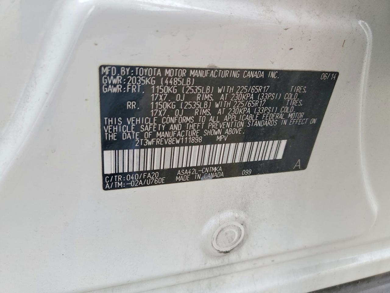 2014 Toyota Rav4 Xle White vin: 2T3WFREV8EW111898