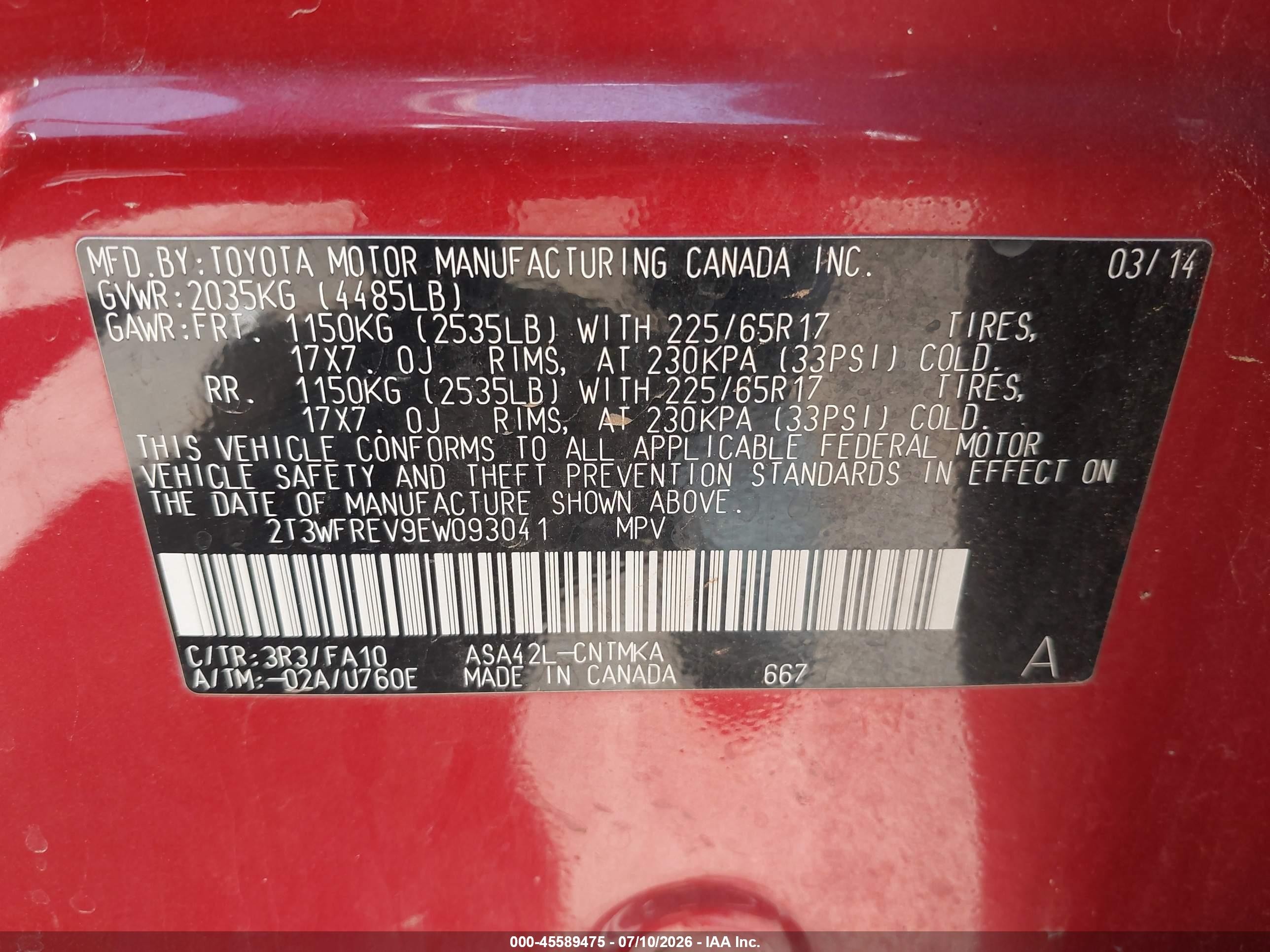 2014 Toyota Rav4 Xle Red vin: 2T3WFREV9EW093041