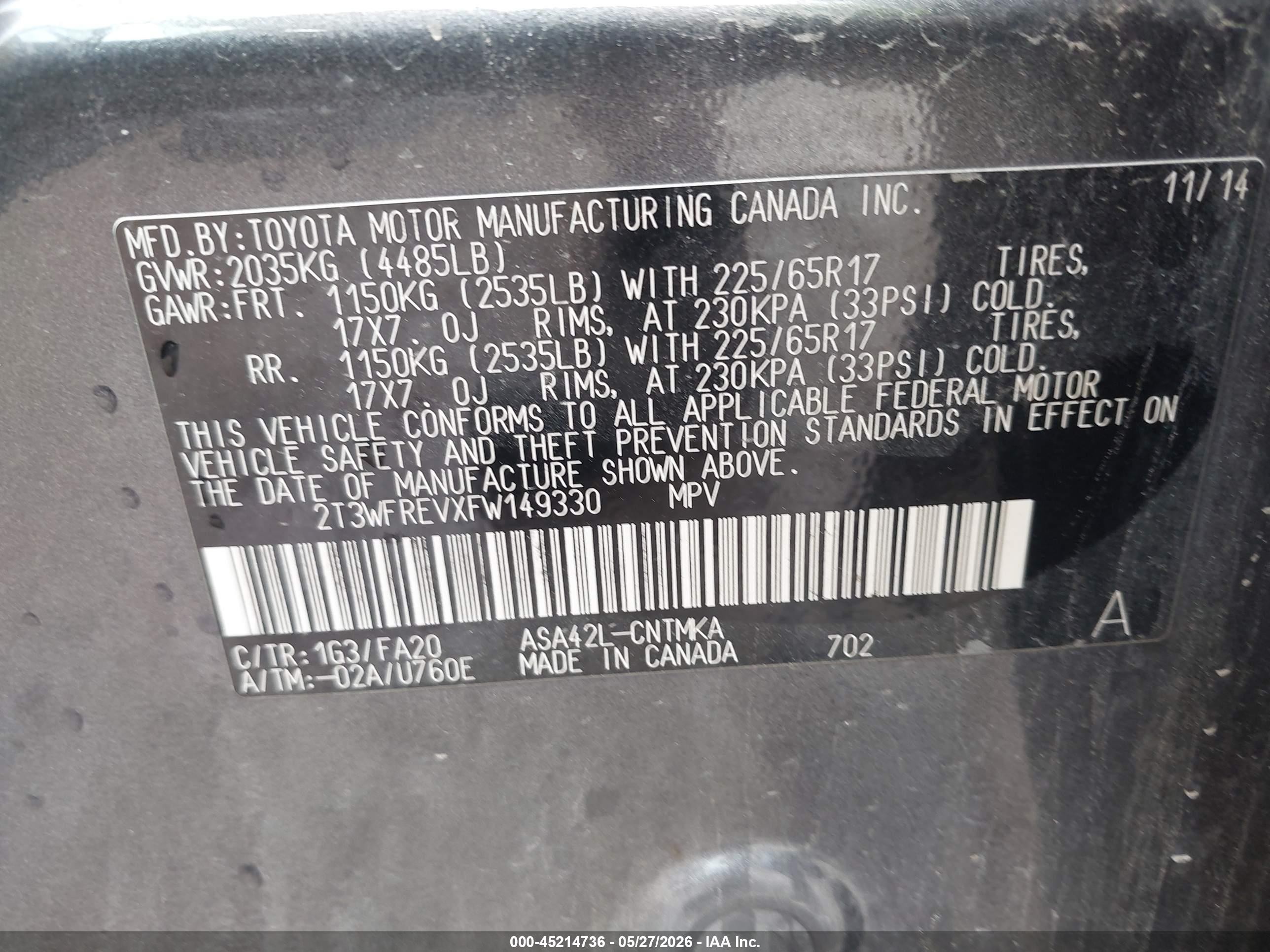 2015 Toyota Rav4 Xle Gray vin: 2T3WFREVXFW149330