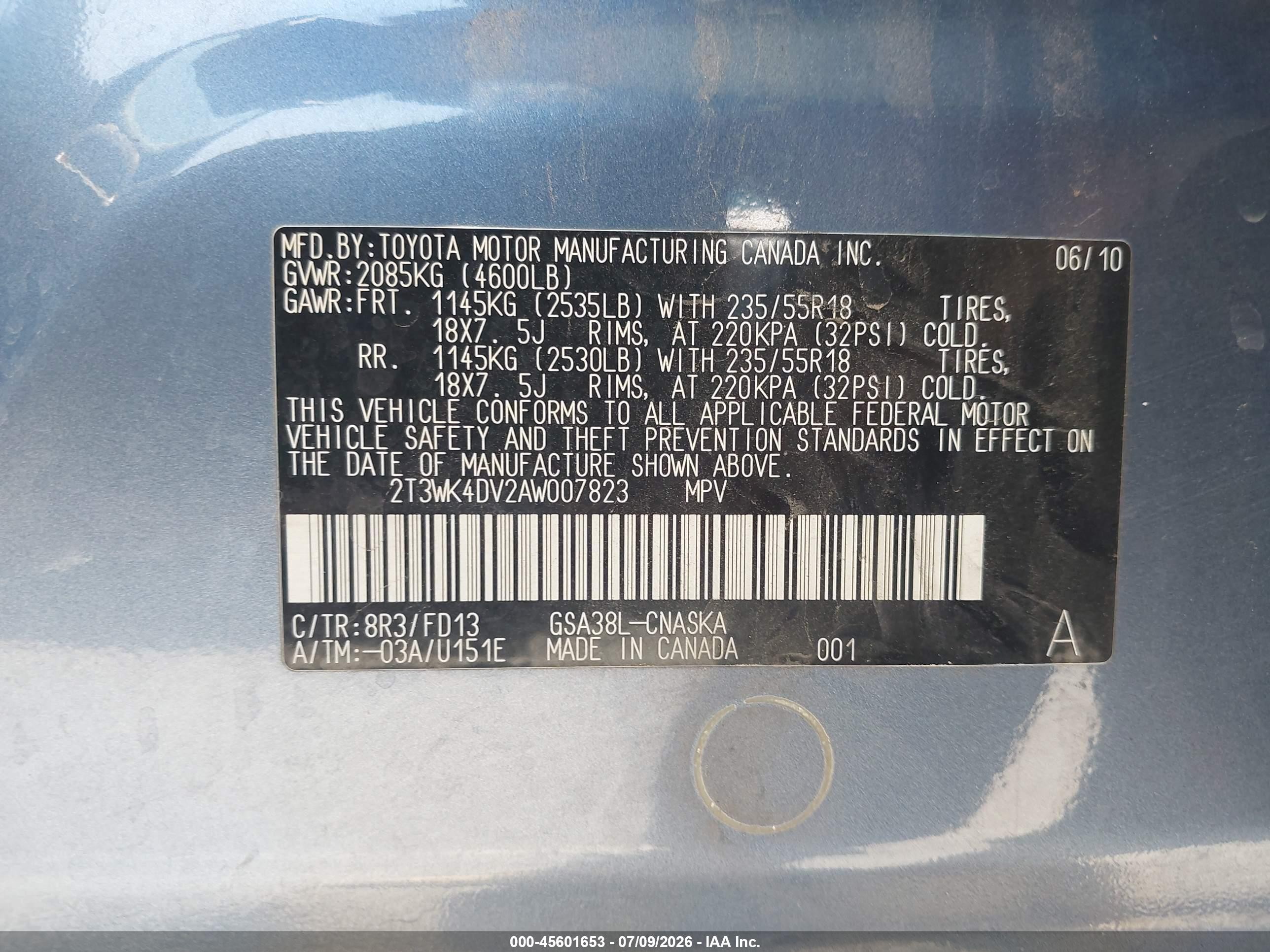 2010 Toyota Rav4 Sport V6 Blue vin: 2T3WK4DV2AW007823