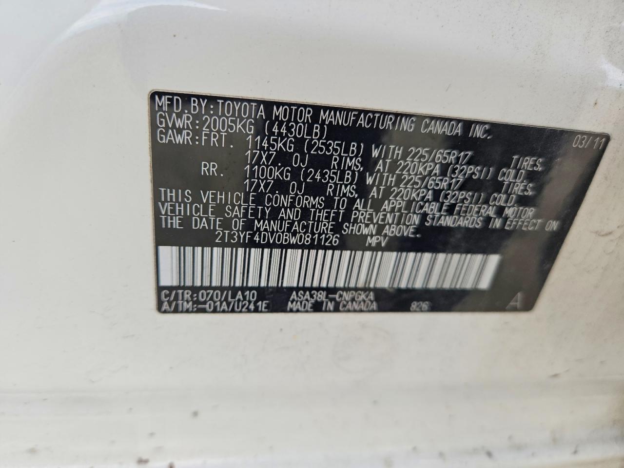 2011 Toyota Rav4 Limited Белый vin: 2T3YF4DV0BW081126