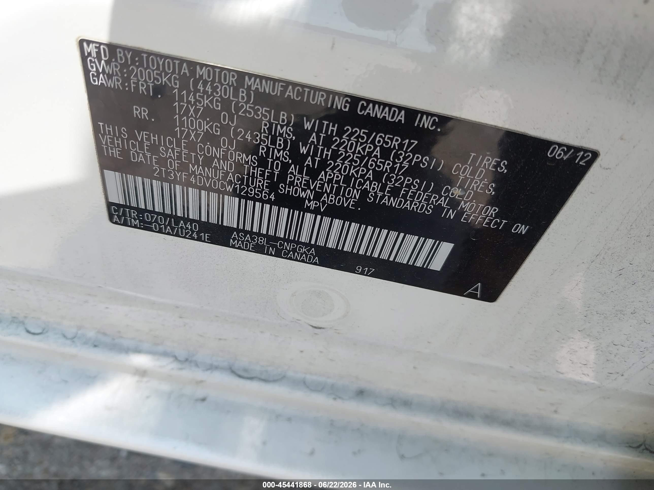2012 Toyota Rav4 Limited White vin: 2T3YF4DV0CW129564