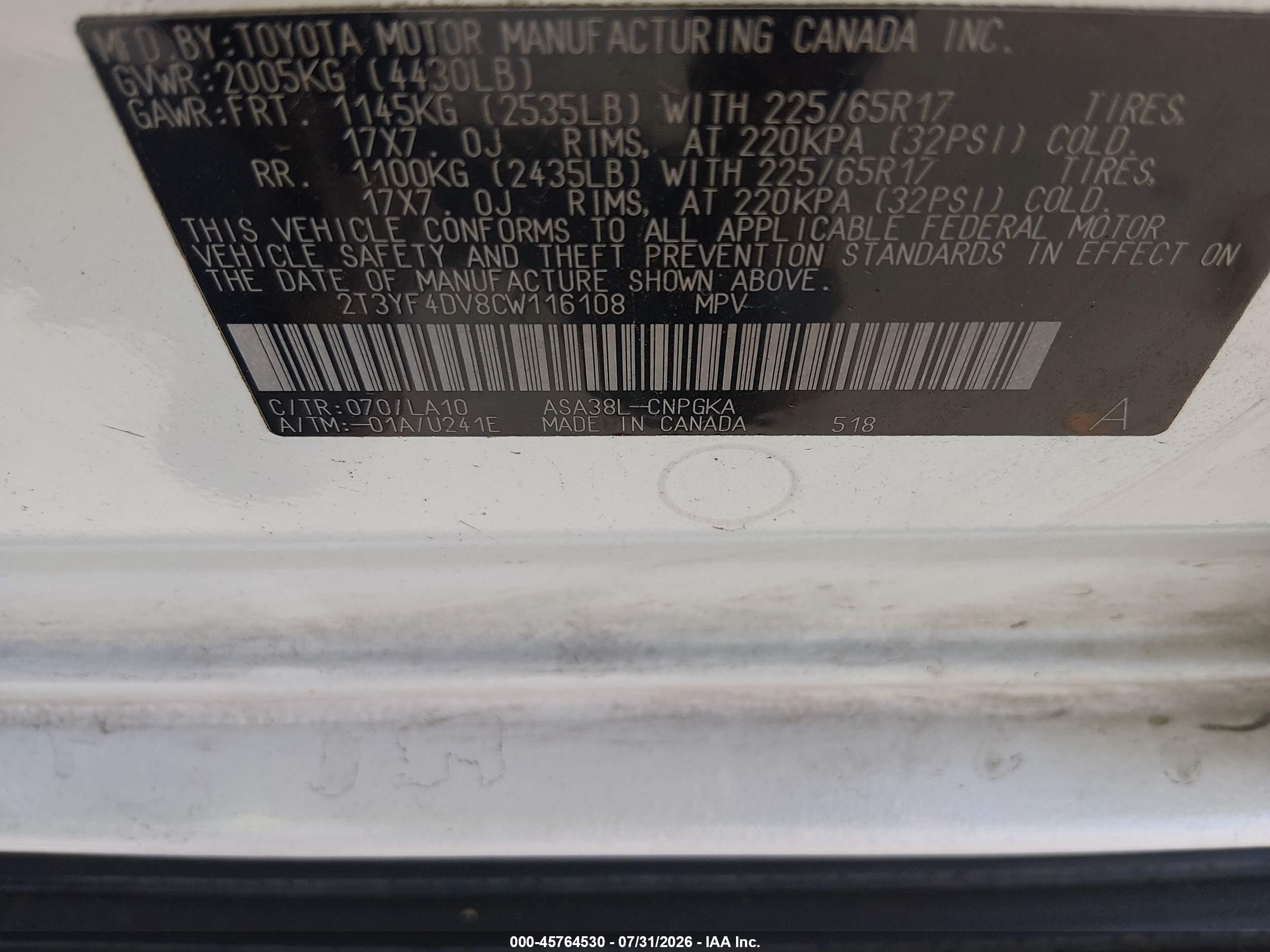 2012 Toyota Rav4 Limited White vin: 2T3YF4DV8CW116108