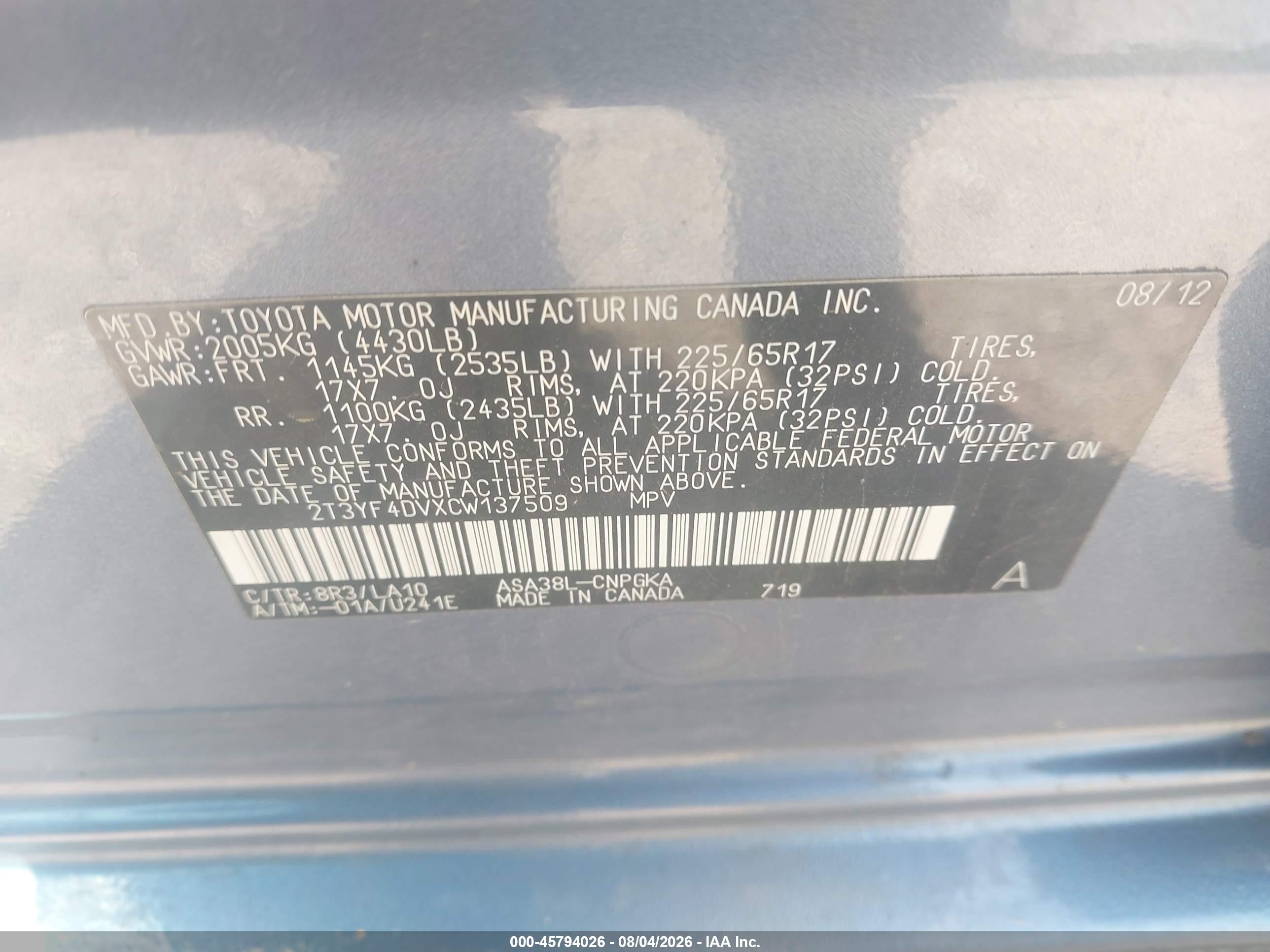 2012 Toyota Rav4 Limited Blue vin: 2T3YF4DVXCW137509