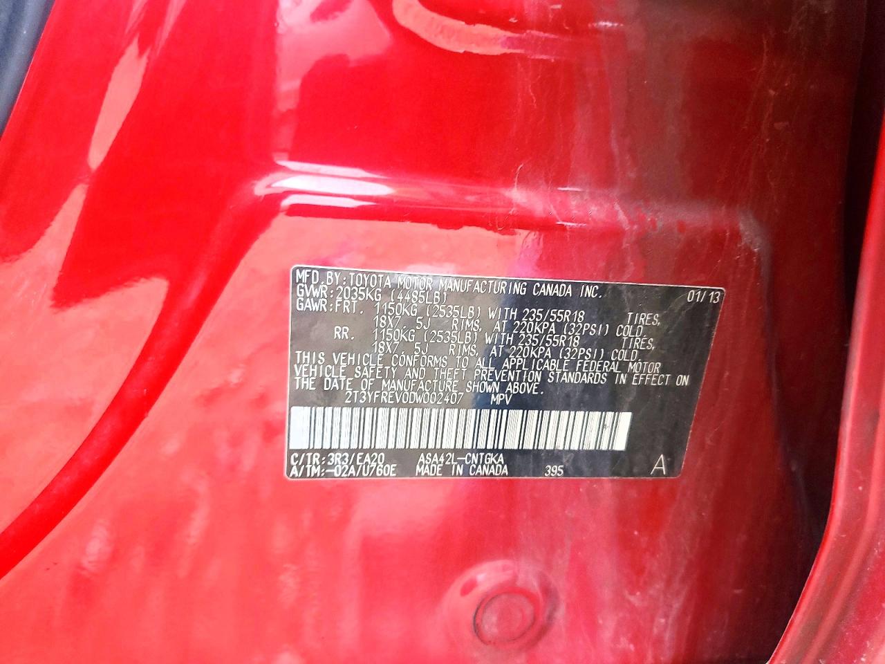 2013 Toyota Rav4 Limited Red vin: 2T3YFREV0DW002407