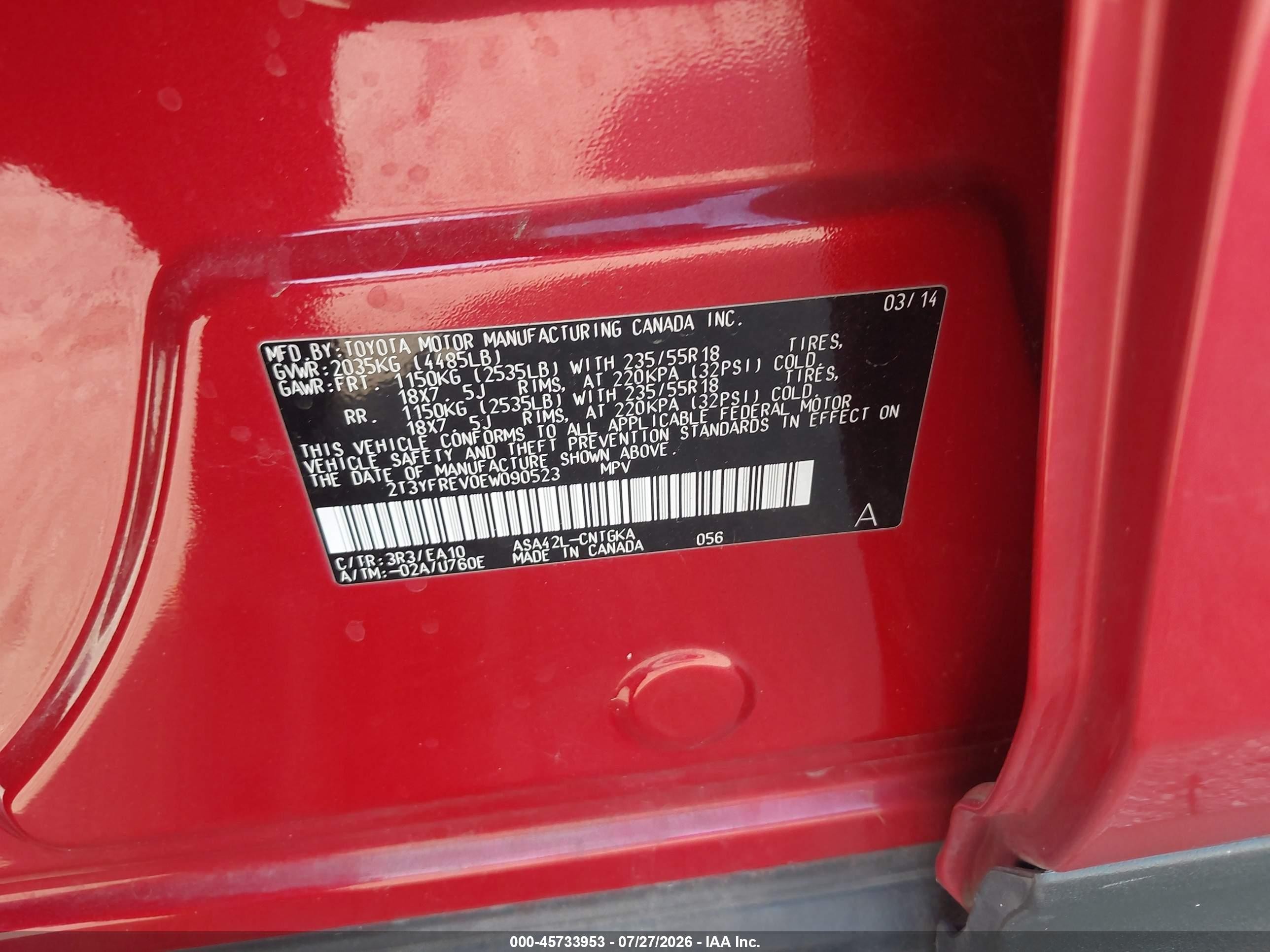 2014 Toyota Rav4 Limited Red vin: 2T3YFREV0EW090523