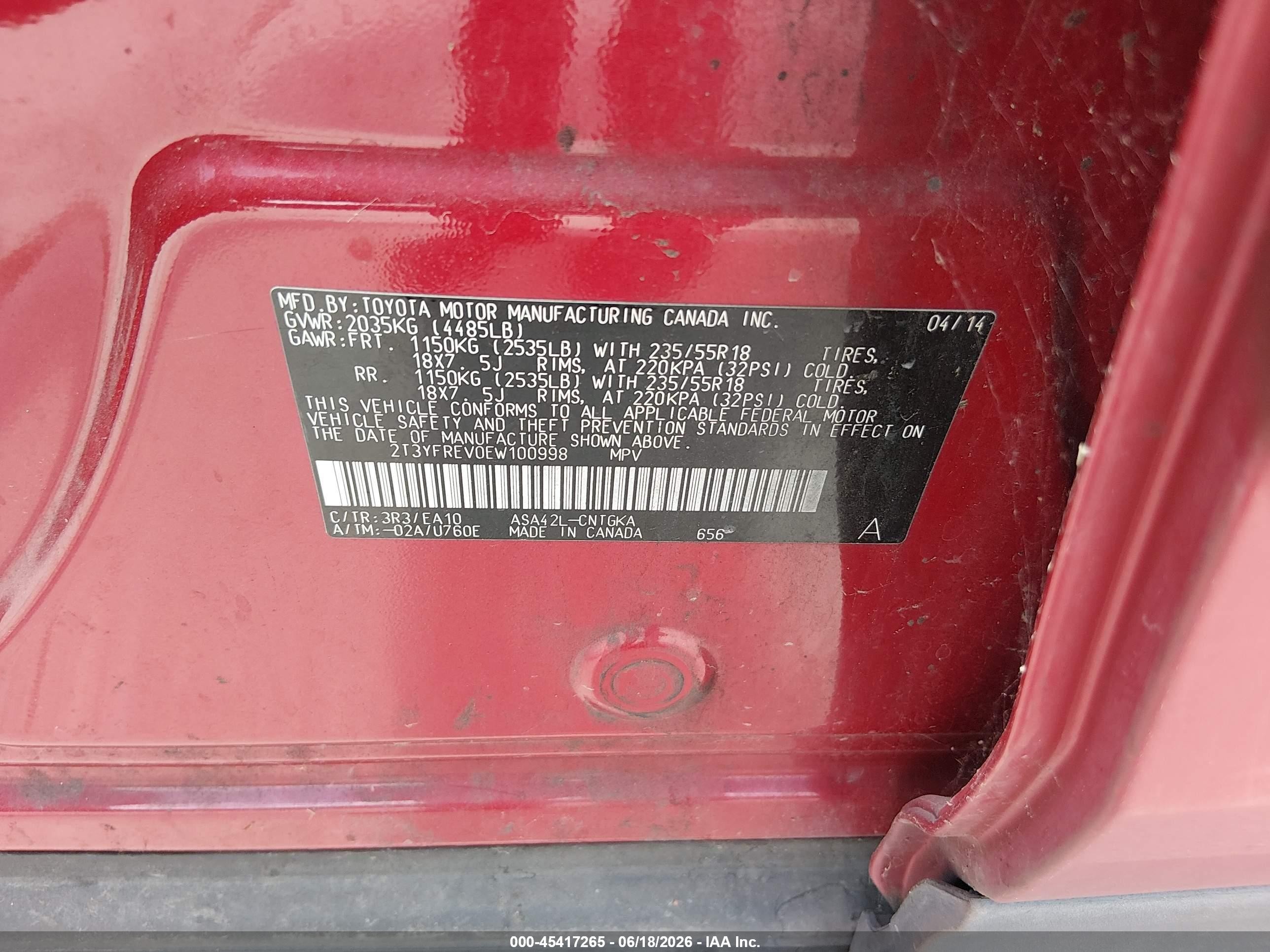 2014 Toyota Rav4 Limited Red vin: 2T3YFREV0EW100998