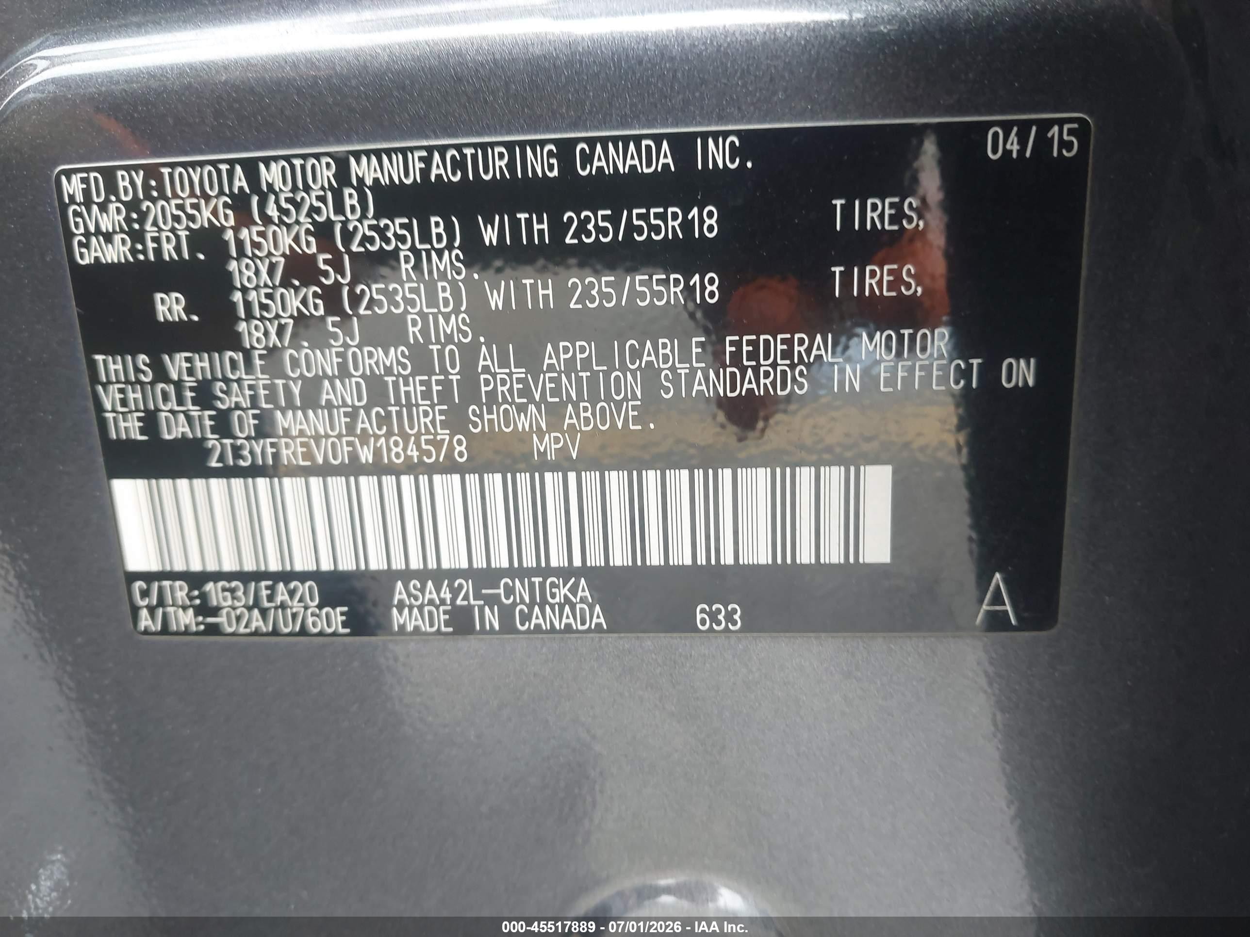 2015 Toyota Rav4 Limited Серый vin: 2T3YFREV0FW184578