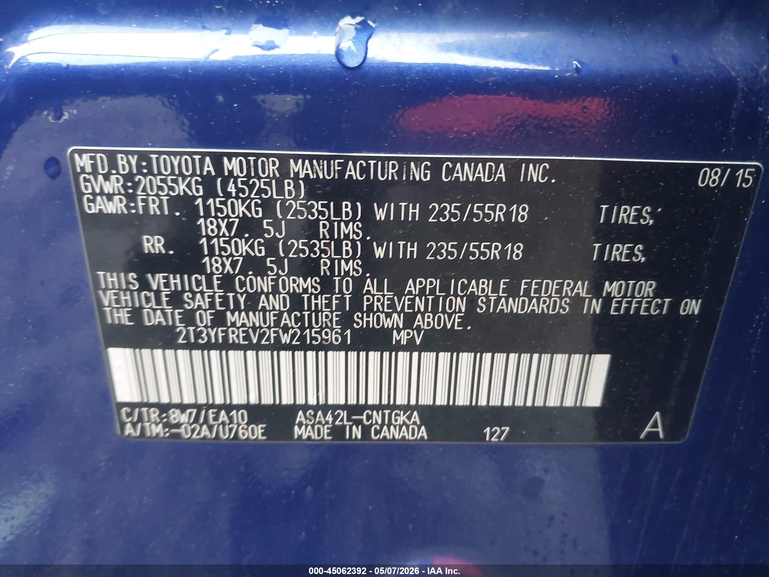 2015 Toyota Rav4 Limited Синий vin: 2T3YFREV2FW215961