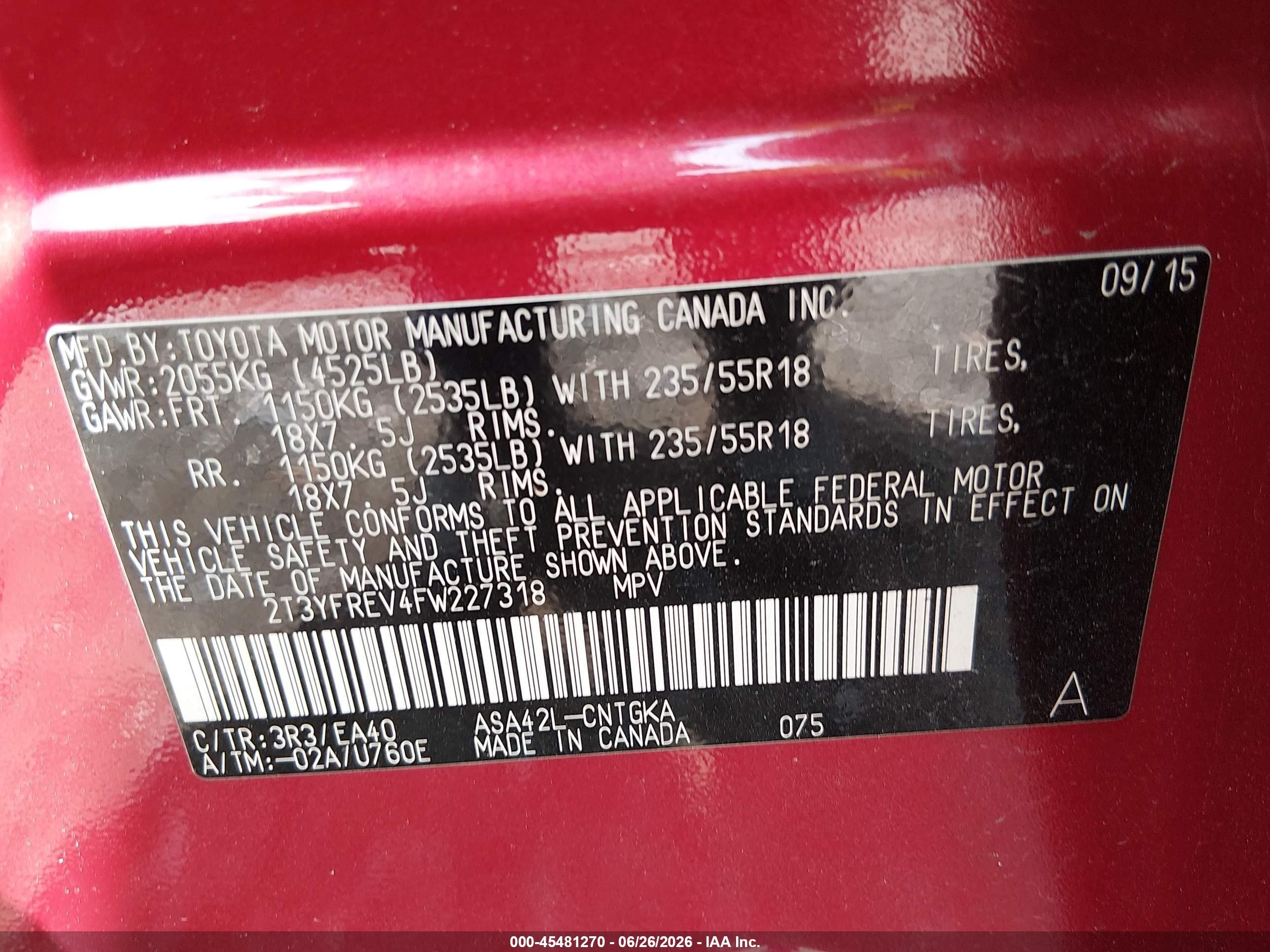 2015 Toyota Rav4 Limited Red vin: 2T3YFREV4FW227318