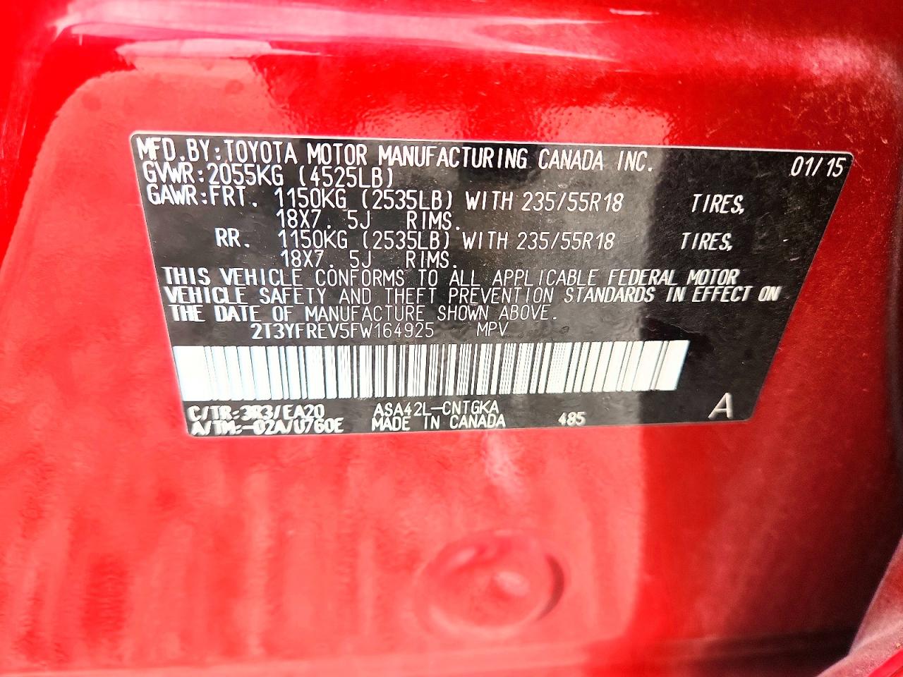 2015 Toyota Rav 4 Red vin: 2T3YFREV5FW164925