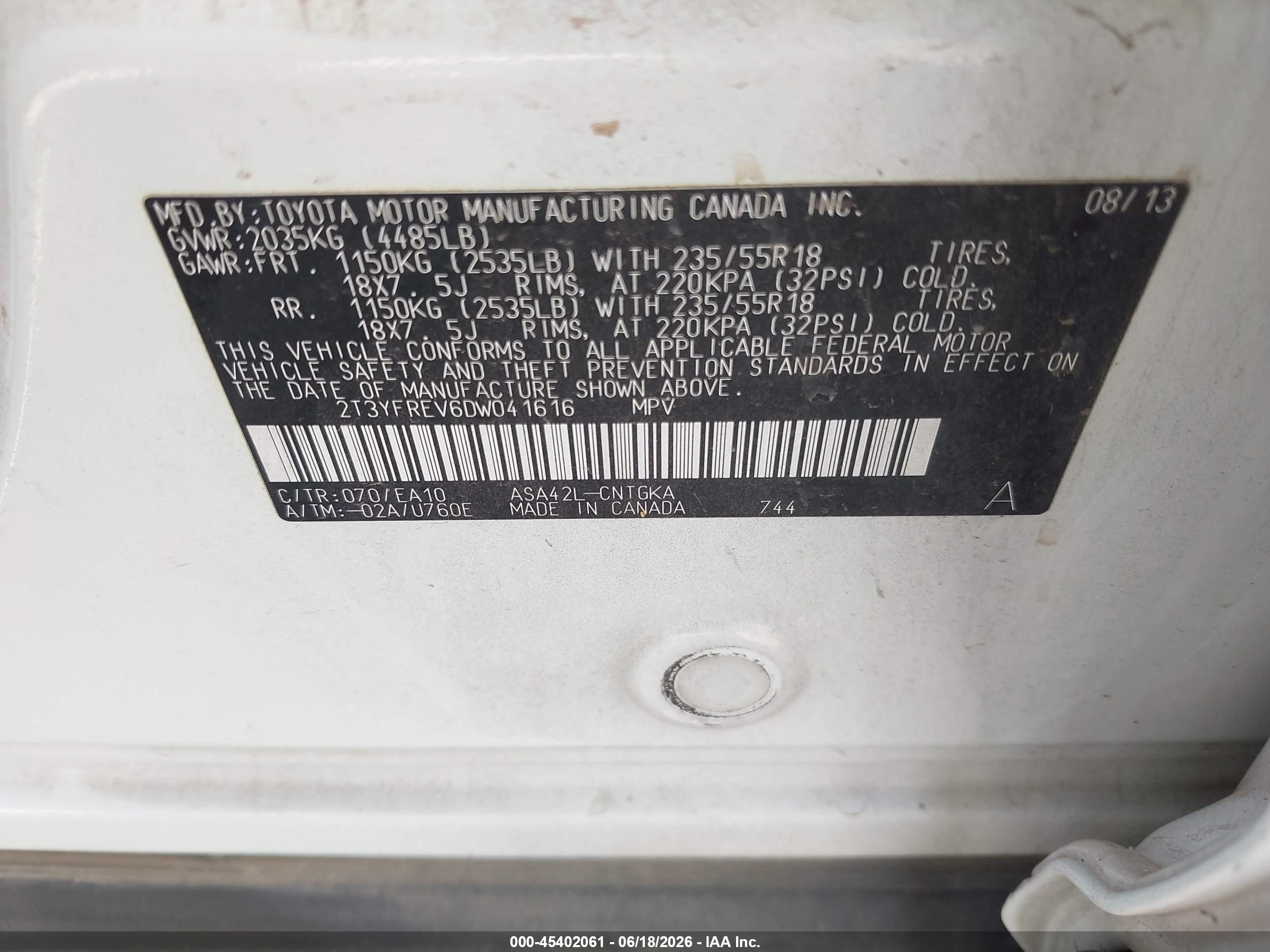2013 Toyota Rav4 Limited White vin: 2T3YFREV6DW041616