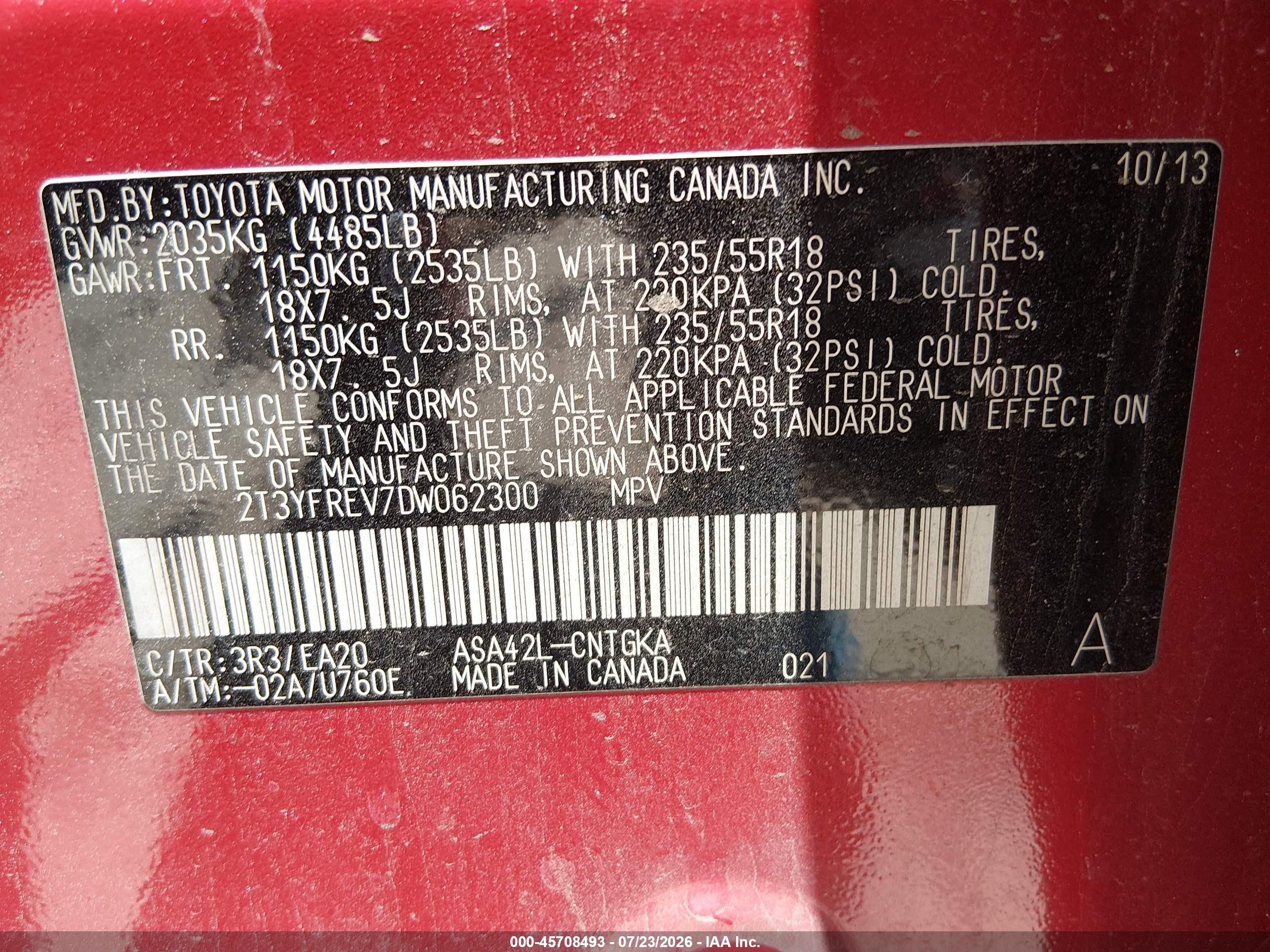 2013 Toyota Rav4 Limited Red vin: 2T3YFREV7DW062300