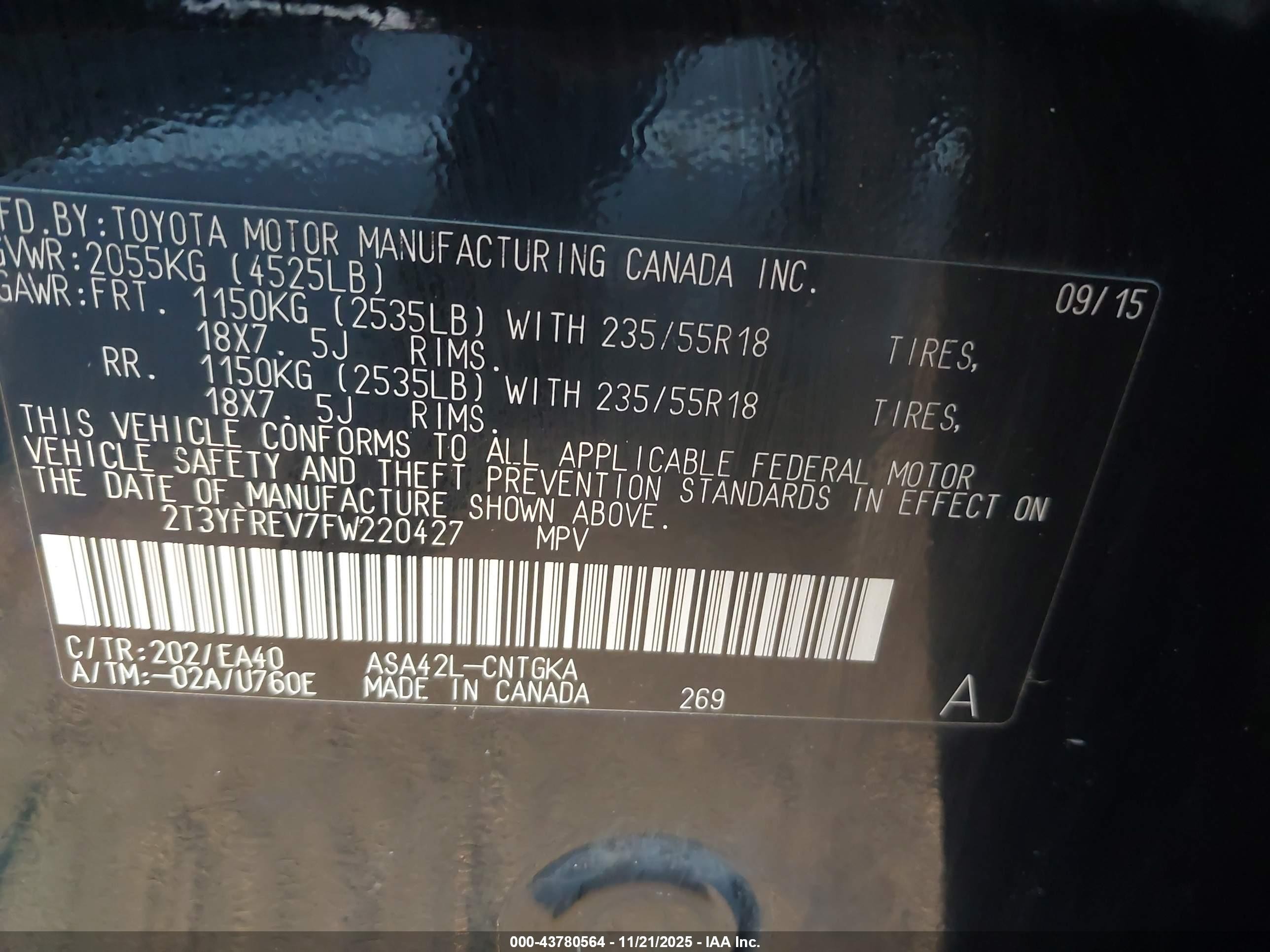 2015 Toyota Rav4 Limited Black vin: 2T3YFREV7FW220427