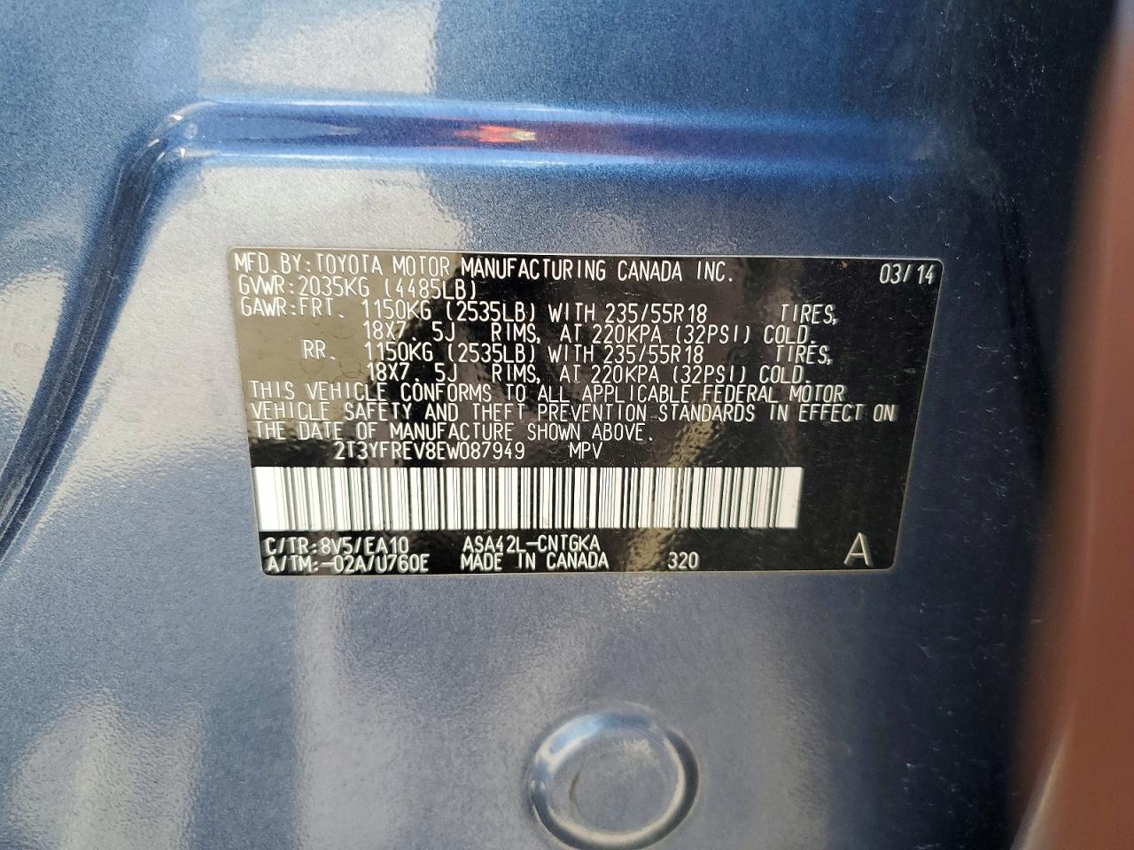 2014 Toyota Rav4 Limited Blue vin: 2T3YFREV8EW087949