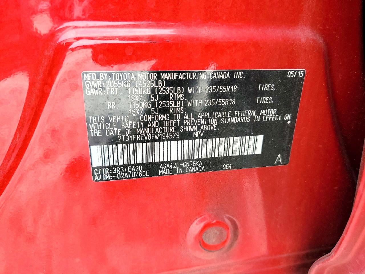 2015 Toyota Rav4 Limited Red vin: 2T3YFREV8FW194579